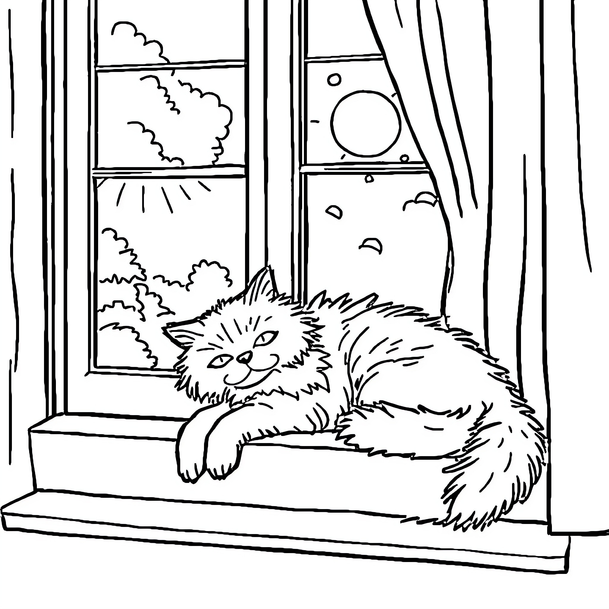 Cat looking out the window Coloring Page (free black-and-white line drawing printable PDF for all, from beginners to advanced learners, including children, teens, adults, and seniors)