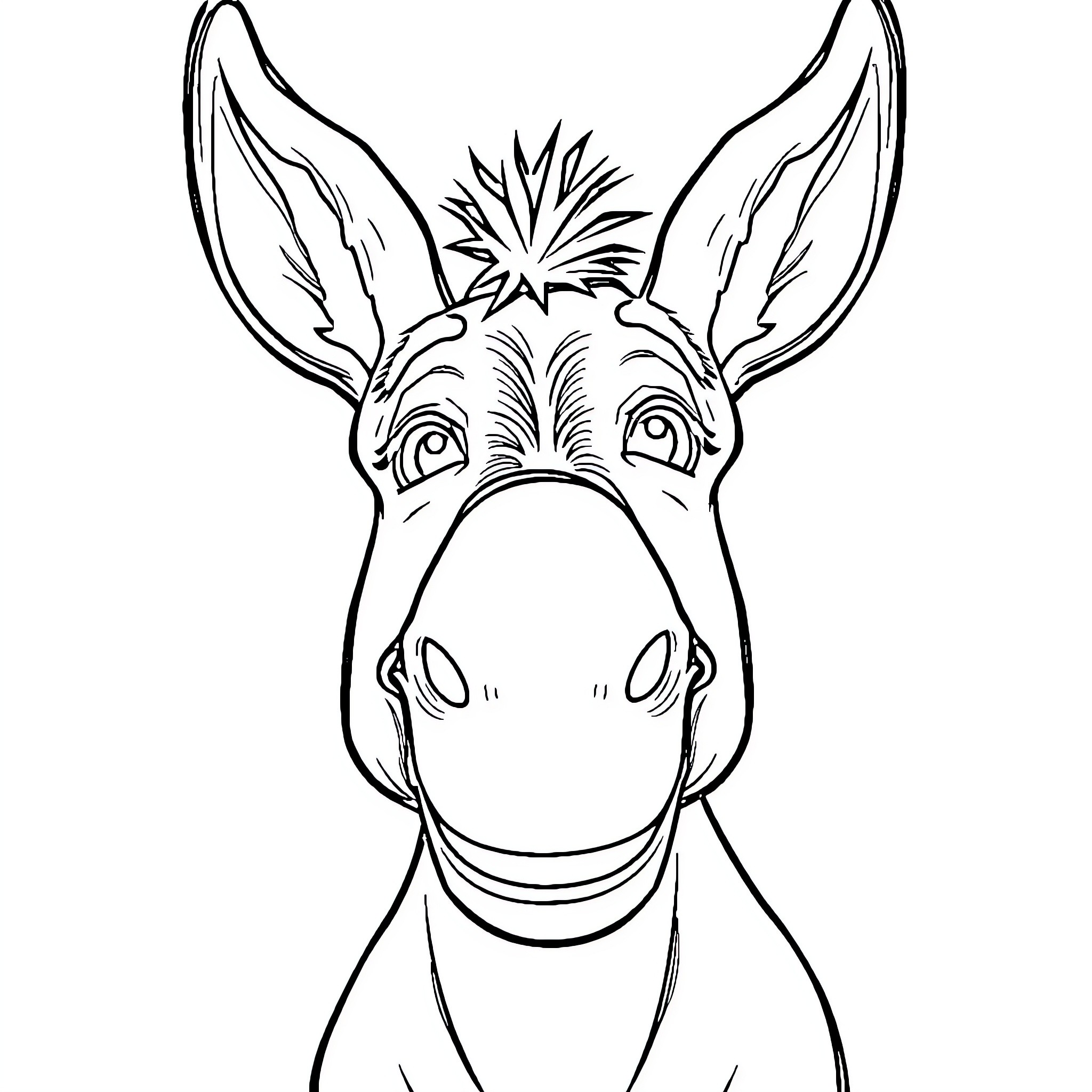 Donkey with Expressive Face and Ears Coloring Page (free black-and-white line drawing printable PDF for all, from beginners to advanced learners, including children, teens, adults, and seniors)