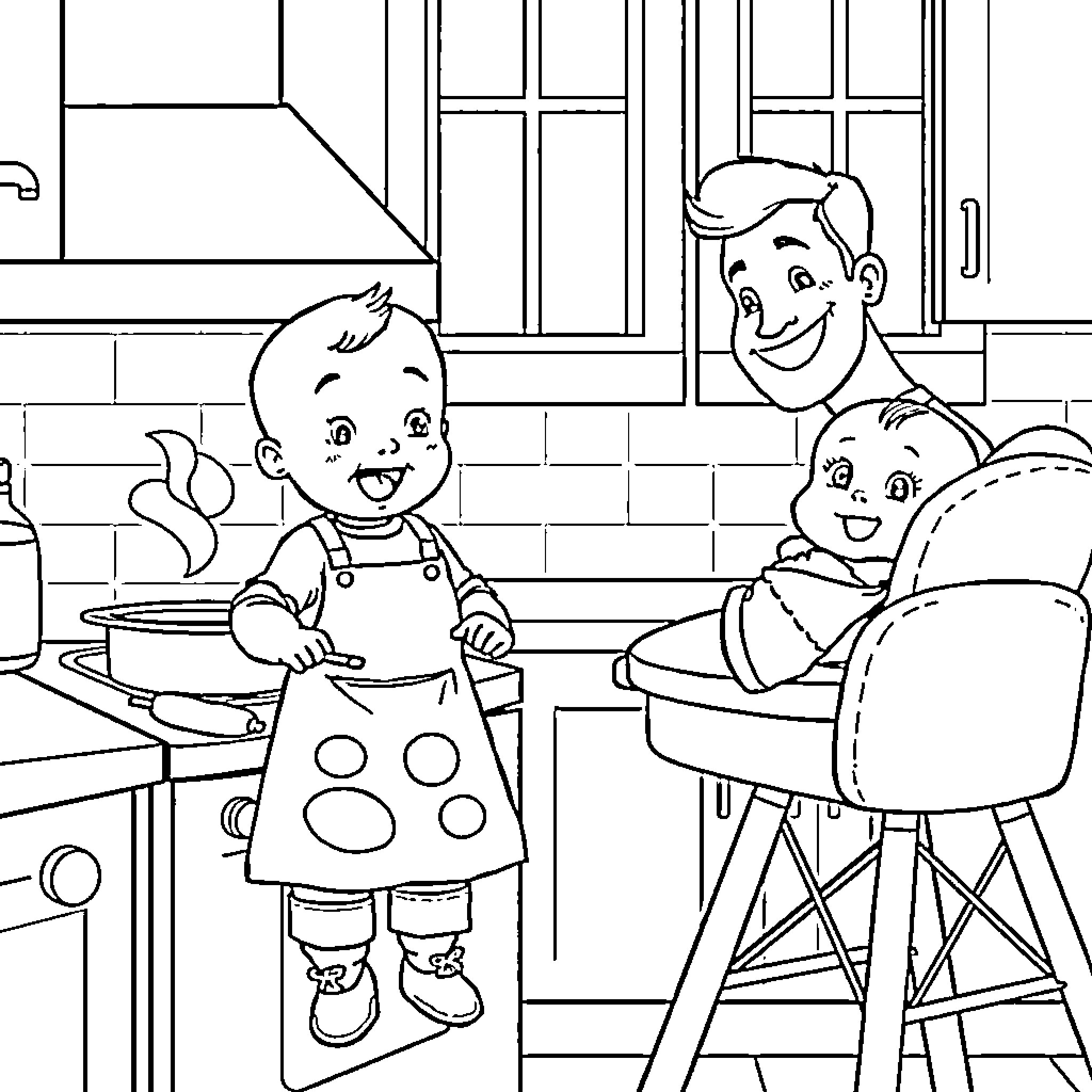 Baby siblings cooking with dad in the kitchen Coloring Page (free black-and-white line drawing printable PDF for all, from beginners to advanced learners, including children, teens, adults, and seniors)