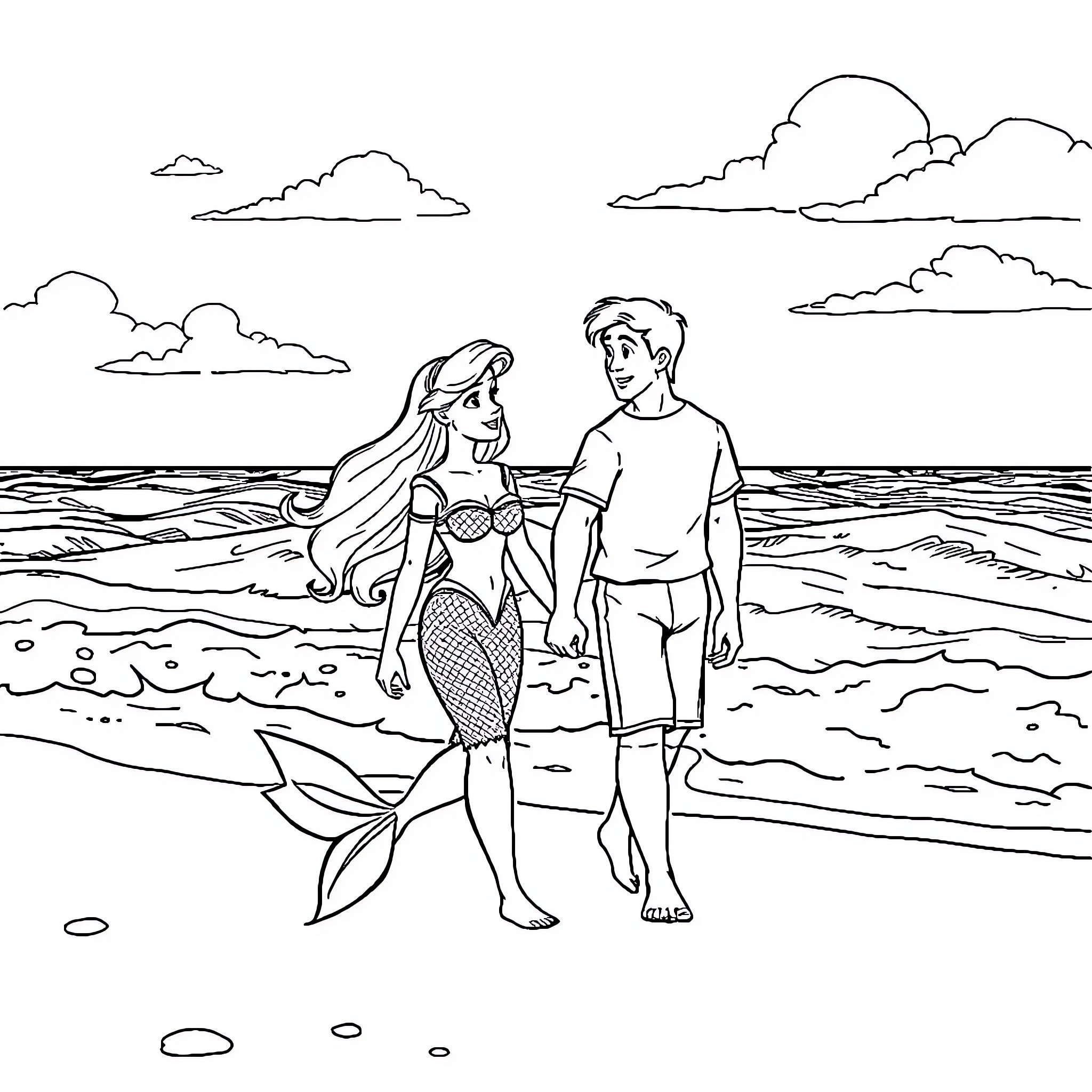 Ariel and Eric enjoying a beachside stroll Coloring Page (free black-and-white line drawing printable PDF for all, from beginners to advanced learners, including children, teens, adults, and seniors)