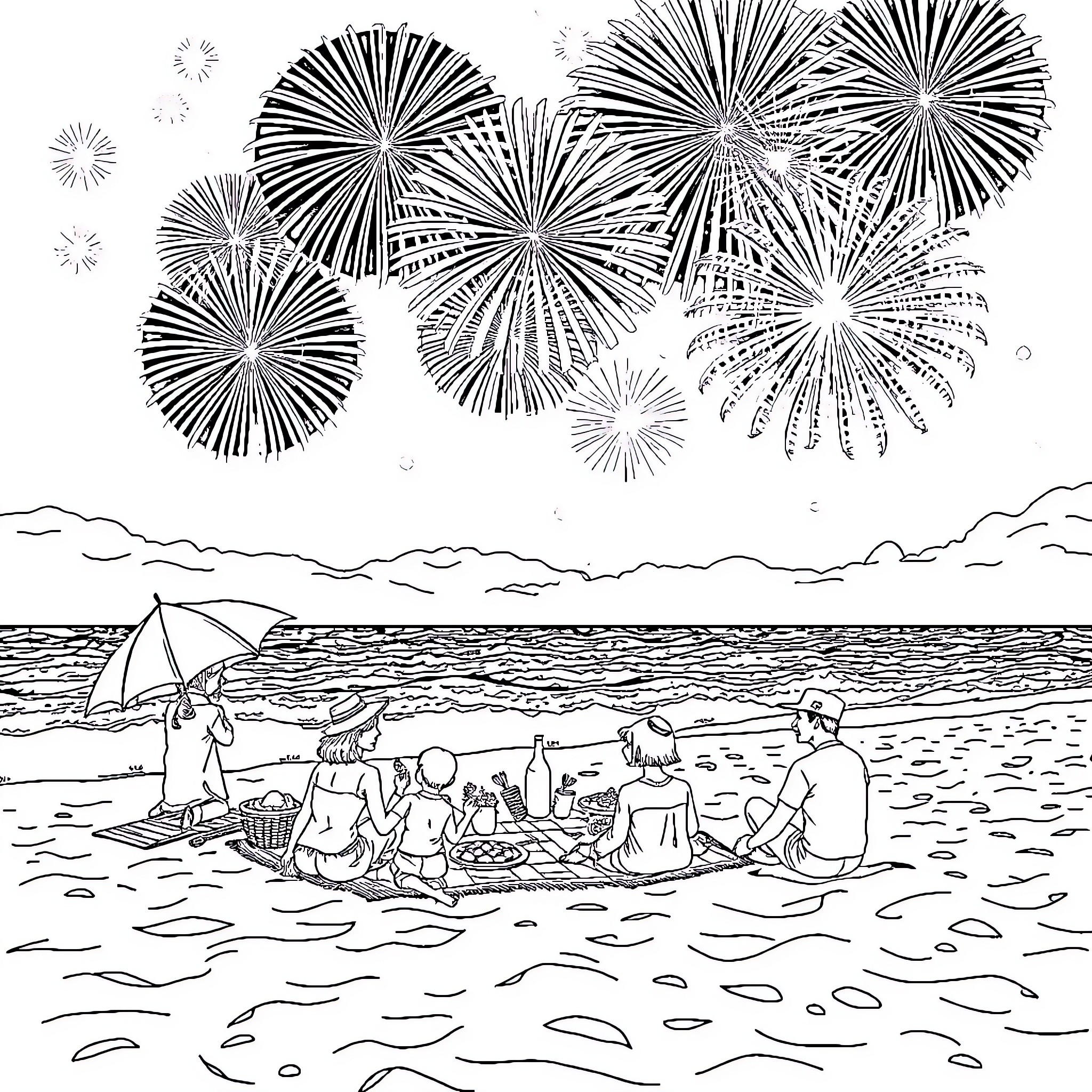 Fourth of July fireworks celebration on the beach Coloring Page (free black-and-white line drawing printable PDF for all, from beginners to advanced learners, including children, teens, adults, and seniors)