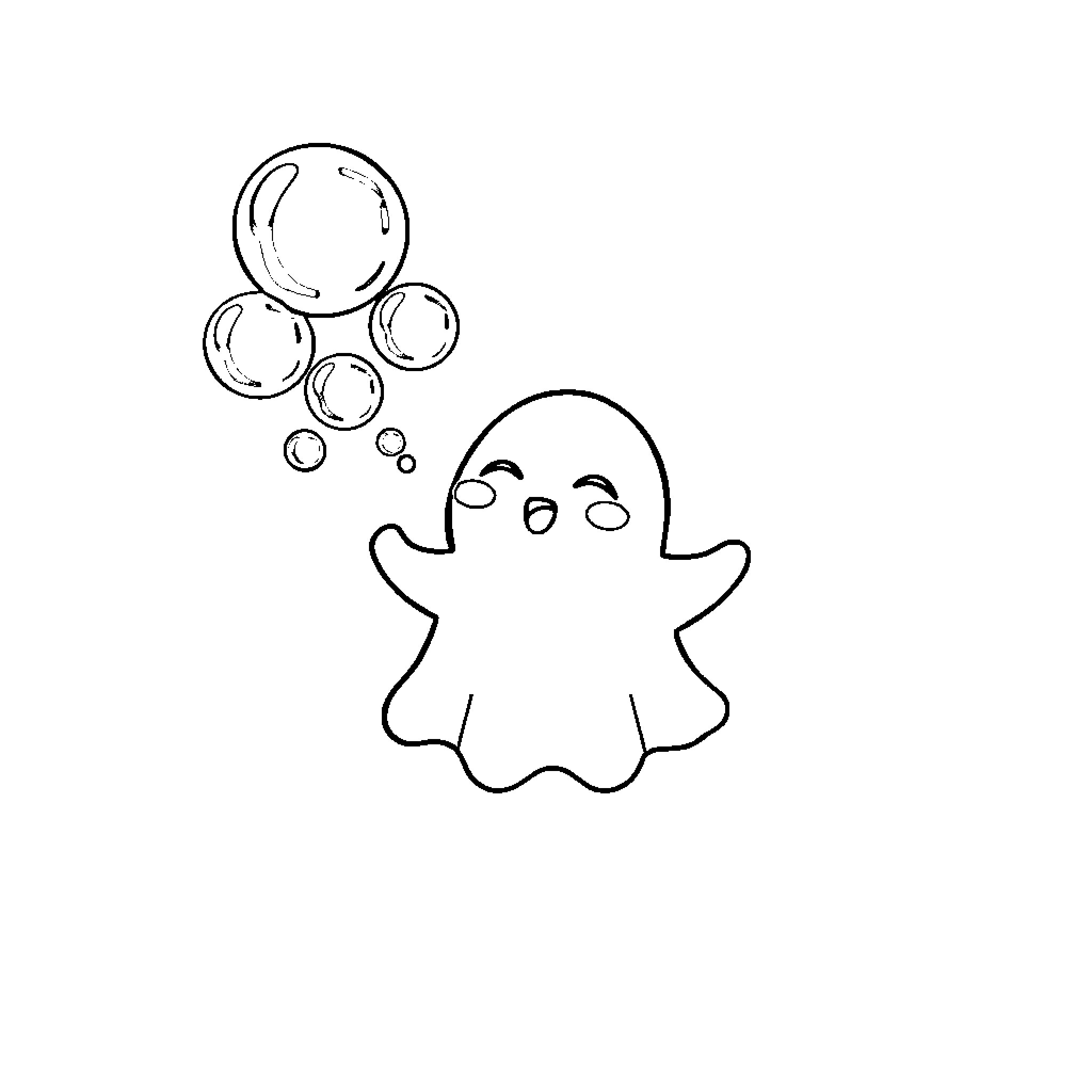 Ghost playing with floating bubbles Coloring Page (free black-and-white line drawing printable PDF for all, from beginners to advanced learners, including children, teens, adults, and seniors)