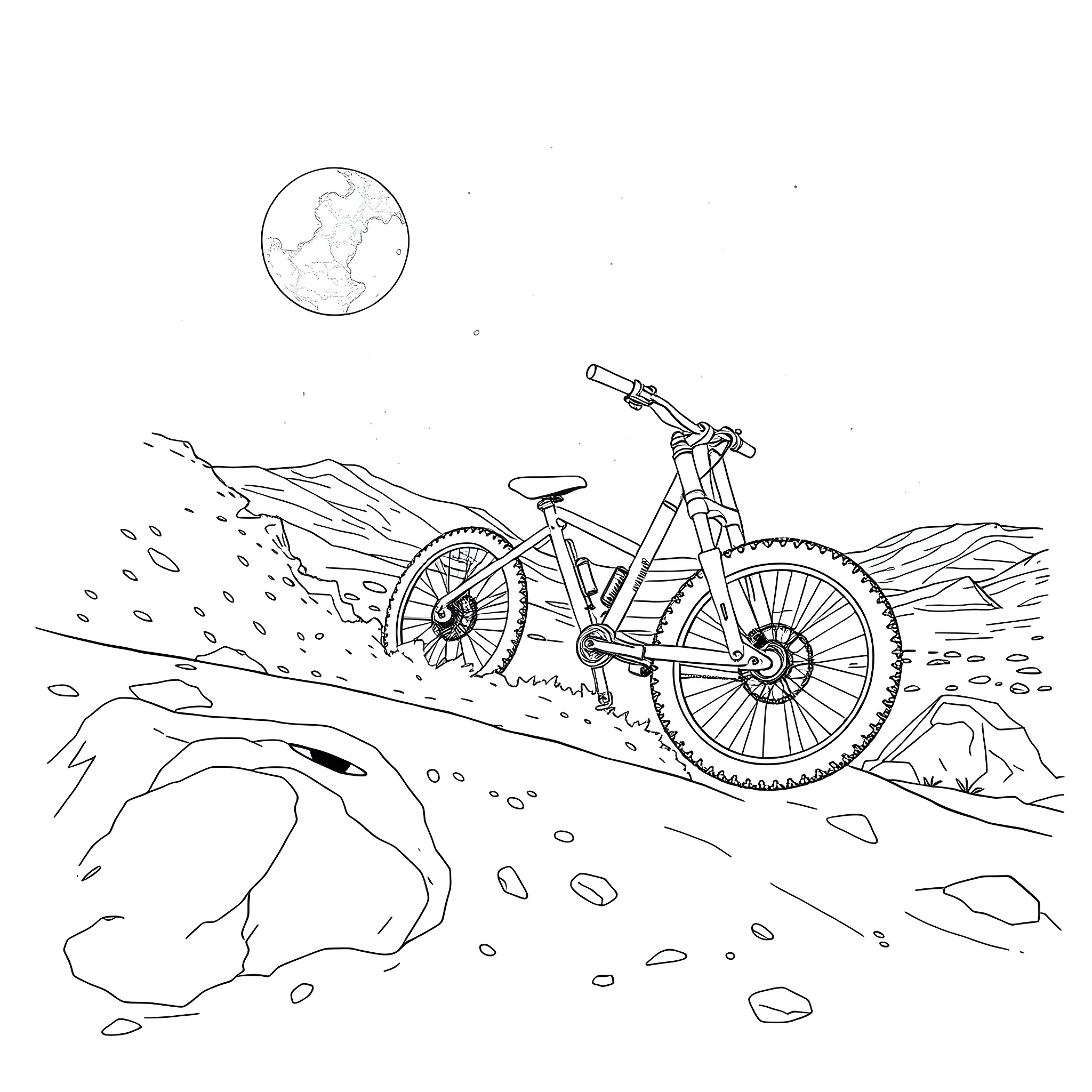 Bike riding through rocky mountain landscape Coloring Page (free black-and-white line drawing printable PDF for all, from beginners to advanced learners, including children, teens, adults, and seniors)