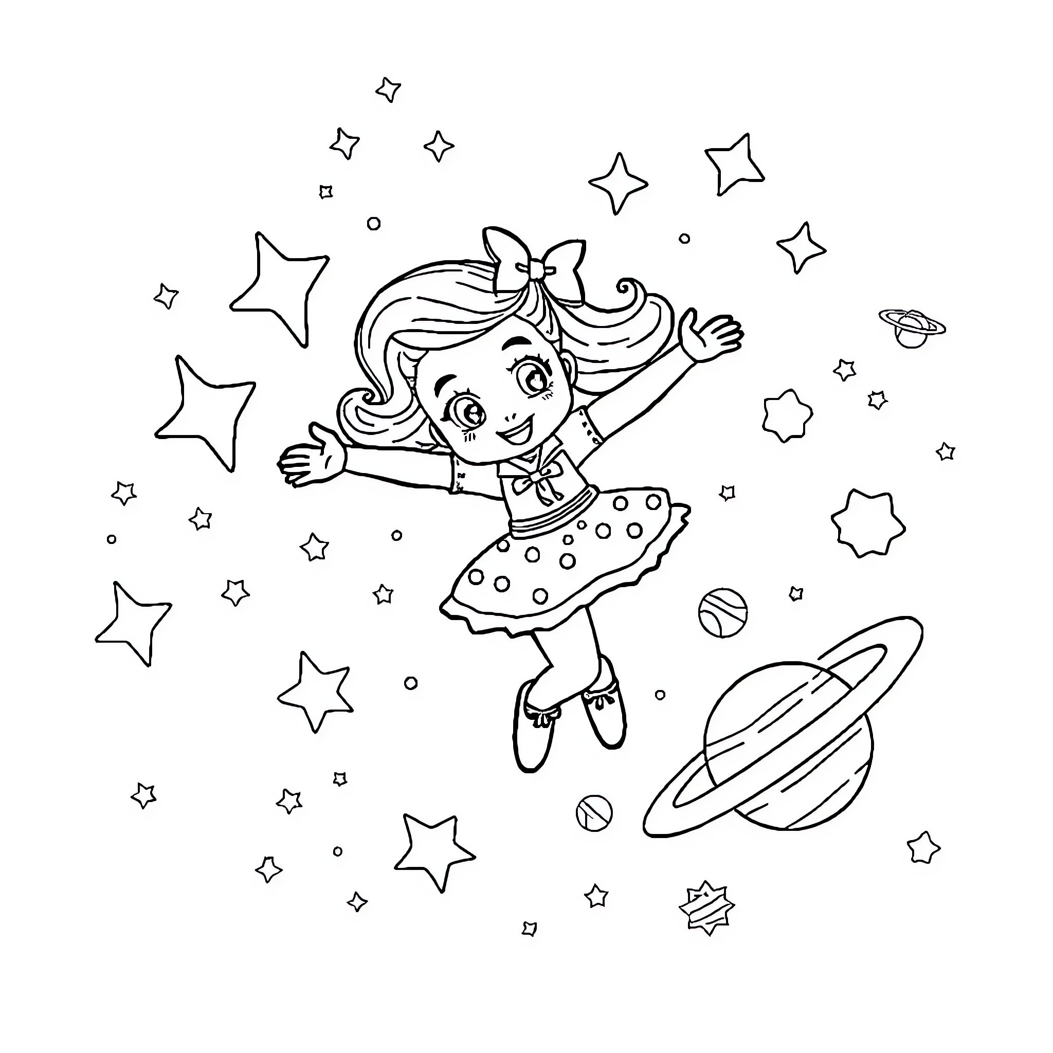 Jojo Siwa jumping joyfully through the starry night Coloring Page (free black-and-white line drawing printable PDF for all, from beginners to advanced learners, including children, teens, adults, and seniors)