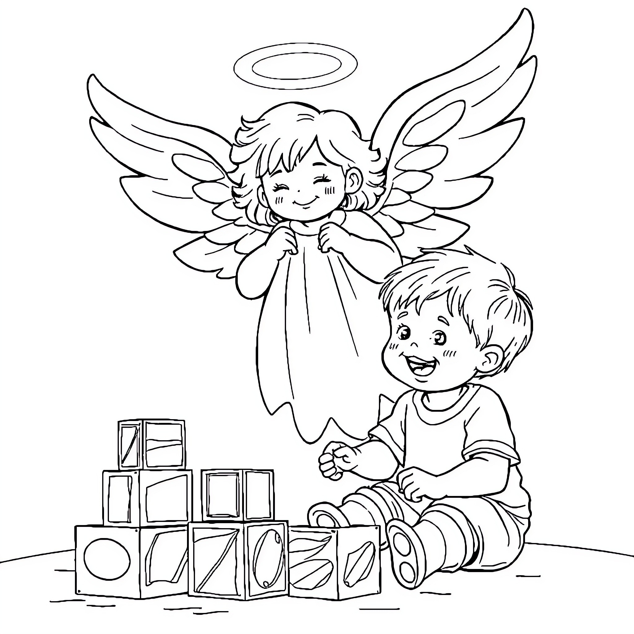 Guardian Angel Watching Over a Happy Child Coloring Page (free black-and-white line drawing printable PDF for all, from beginners to advanced learners, including children, teens, adults, and seniors)