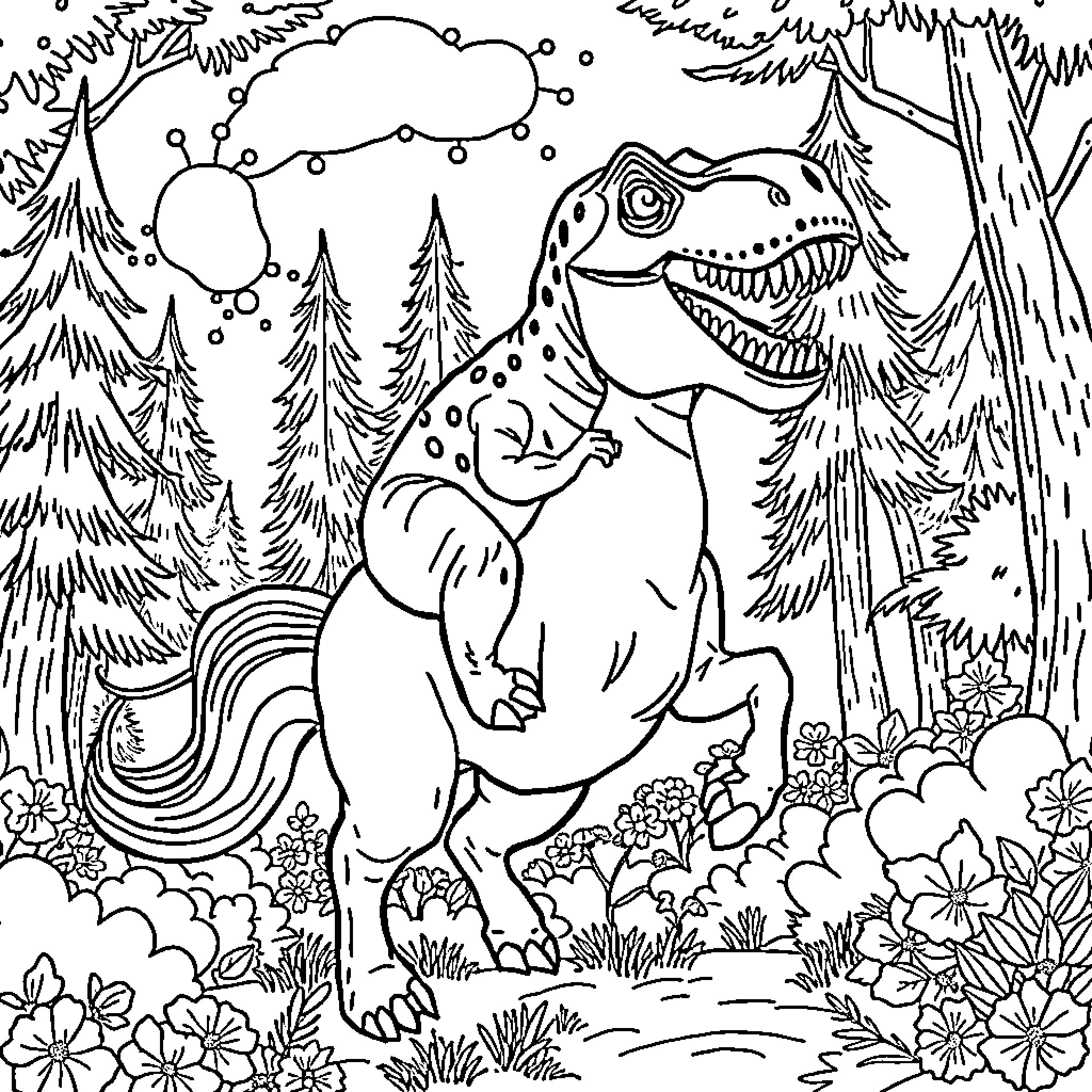 T-Rex roaming through the lush forest landscape Coloring Page (free black-and-white line drawing printable PDF for all, from beginners to advanced learners, including children, teens, adults, and seniors)
