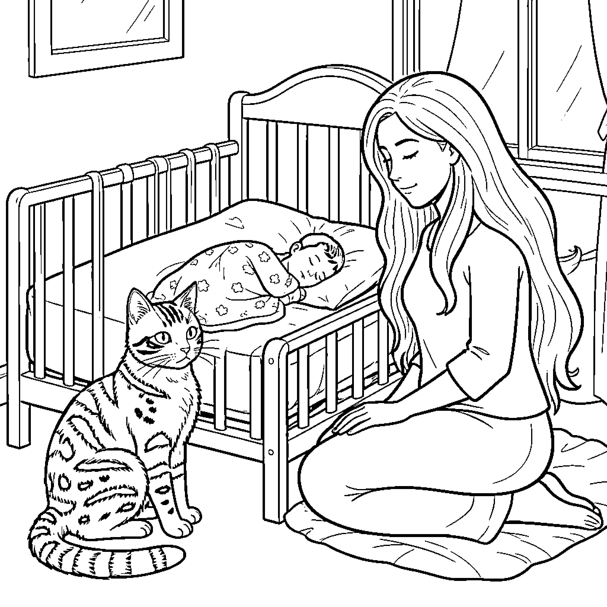 Gato watching over sleeping baby in crib Coloring Page (free black-and-white line drawing printable PDF for all, from beginners to advanced learners, including children, teens, adults, and seniors)