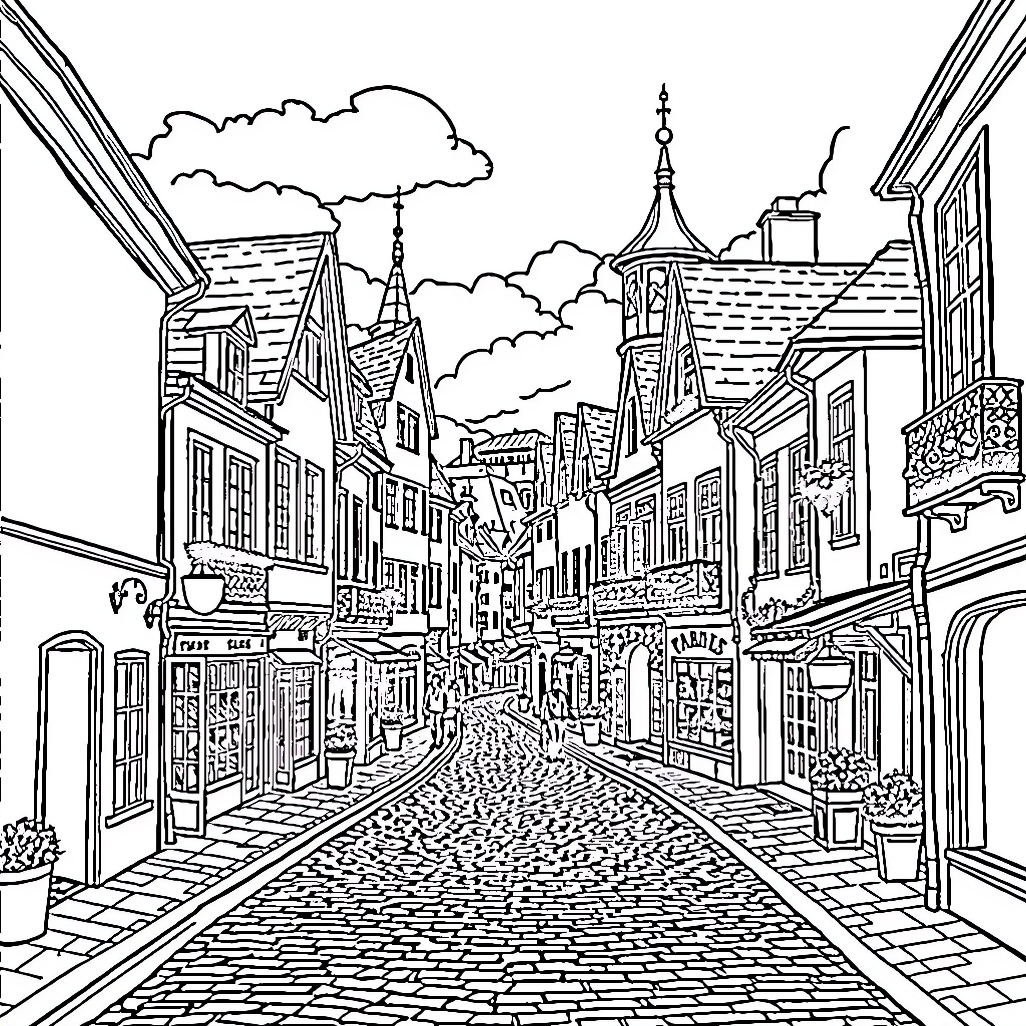 City streets lined with historic buildings and shops Coloring Page (free black-and-white line drawing printable PDF for all, from beginners to advanced learners, including children, teens, adults, and seniors)