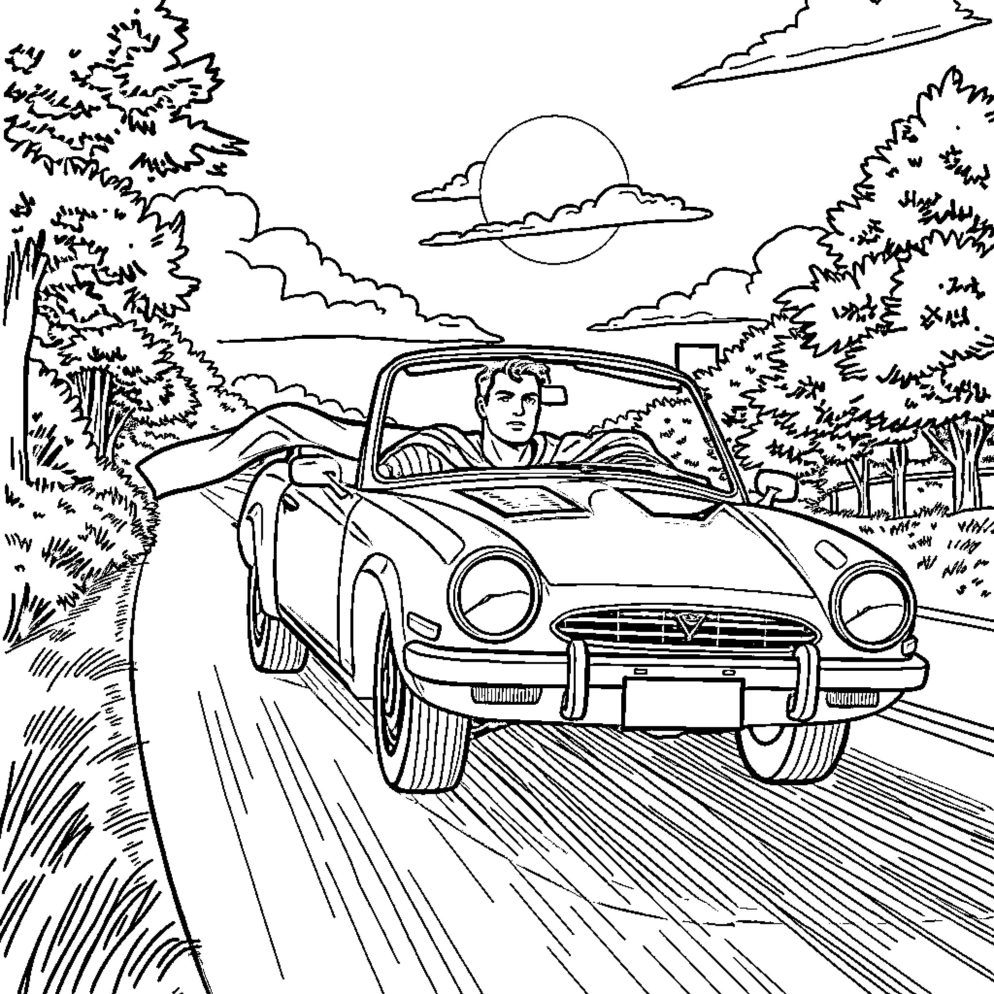Superman driving a classic sports car through the countryside Coloring Page (free black-and-white line drawing printable PDF for all, from beginners to advanced learners, including children, teens, adults, and seniors)