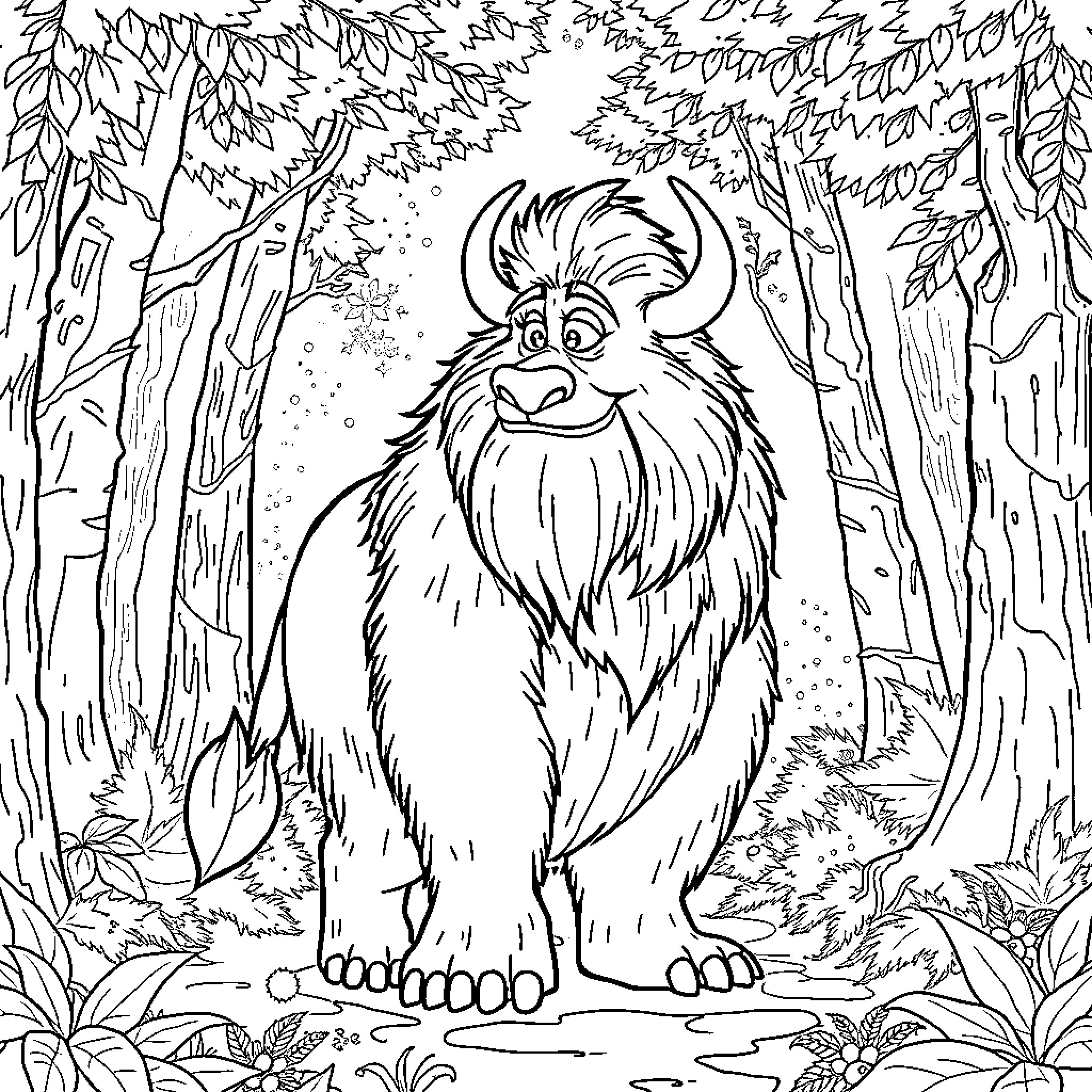 Gruff creature exploring the forest Coloring Page (free black-and-white line drawing printable PDF for all, from beginners to advanced learners, including children, teens, adults, and seniors)