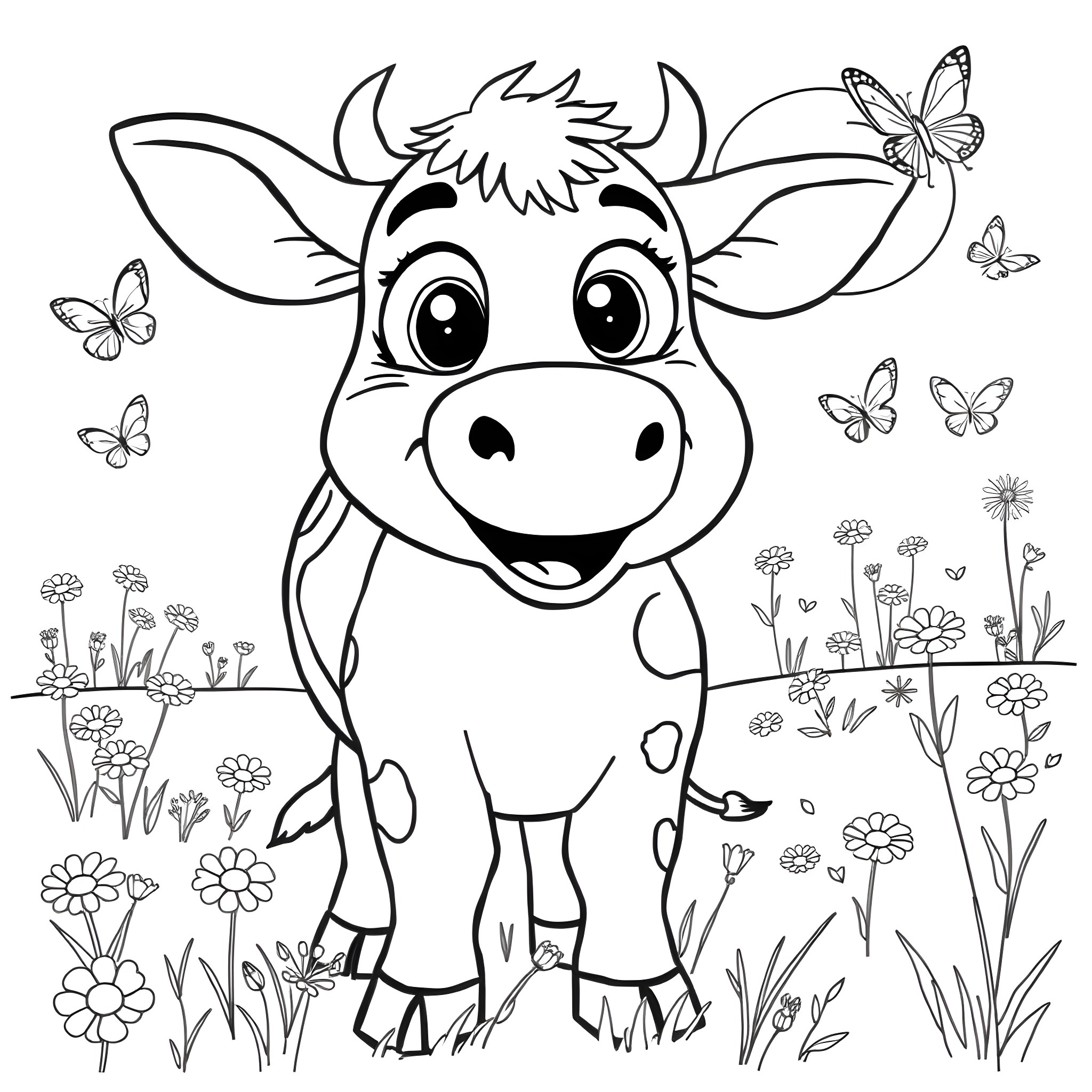 Cow playing happily with butterflies in the field Coloring Page (free black-and-white line drawing printable PDF for all, from beginners to advanced learners, including children, teens, adults, and seniors)