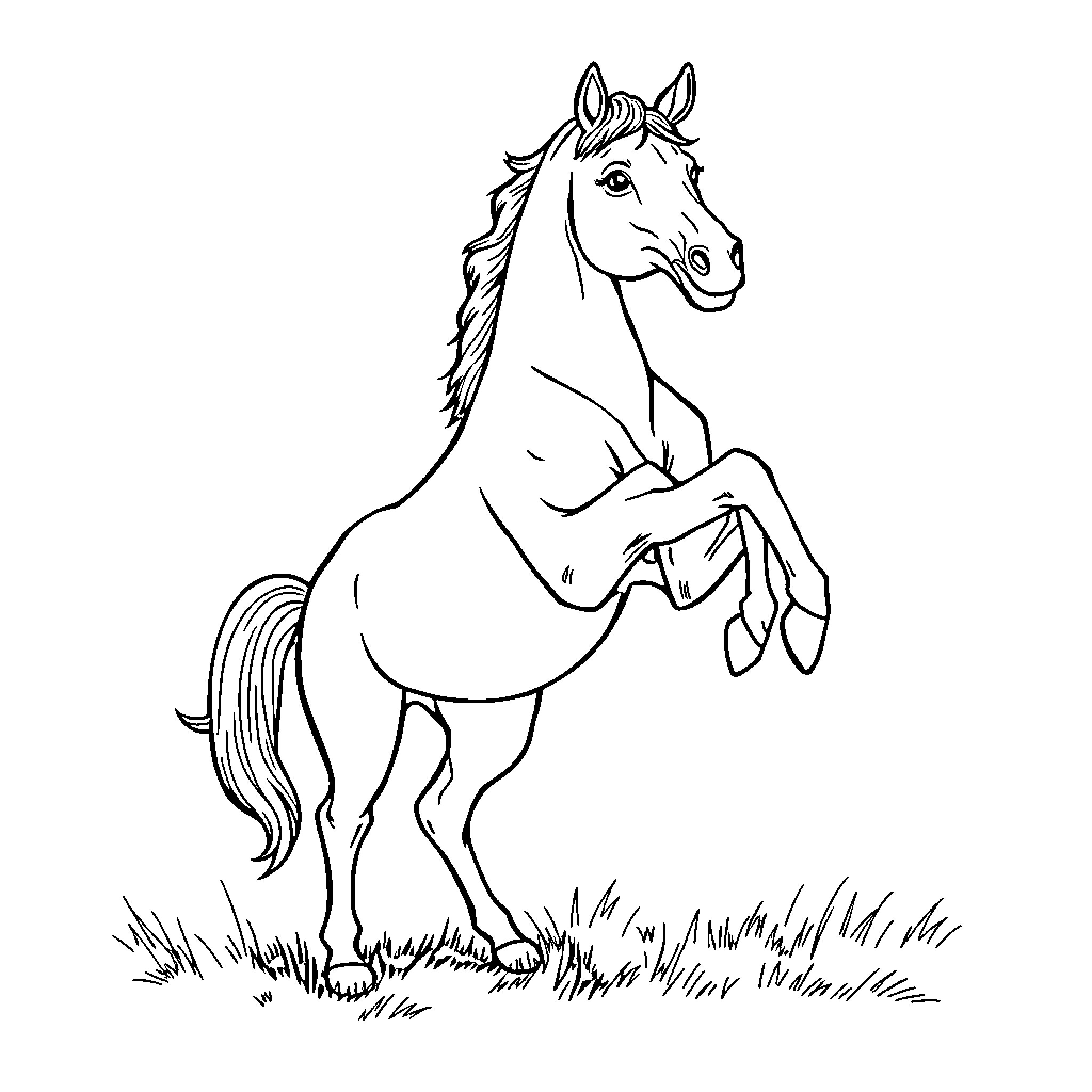 Horse standing tall on grassland Coloring Page (free black-and-white line drawing printable PDF for all, from beginners to advanced learners, including children, teens, adults, and seniors)