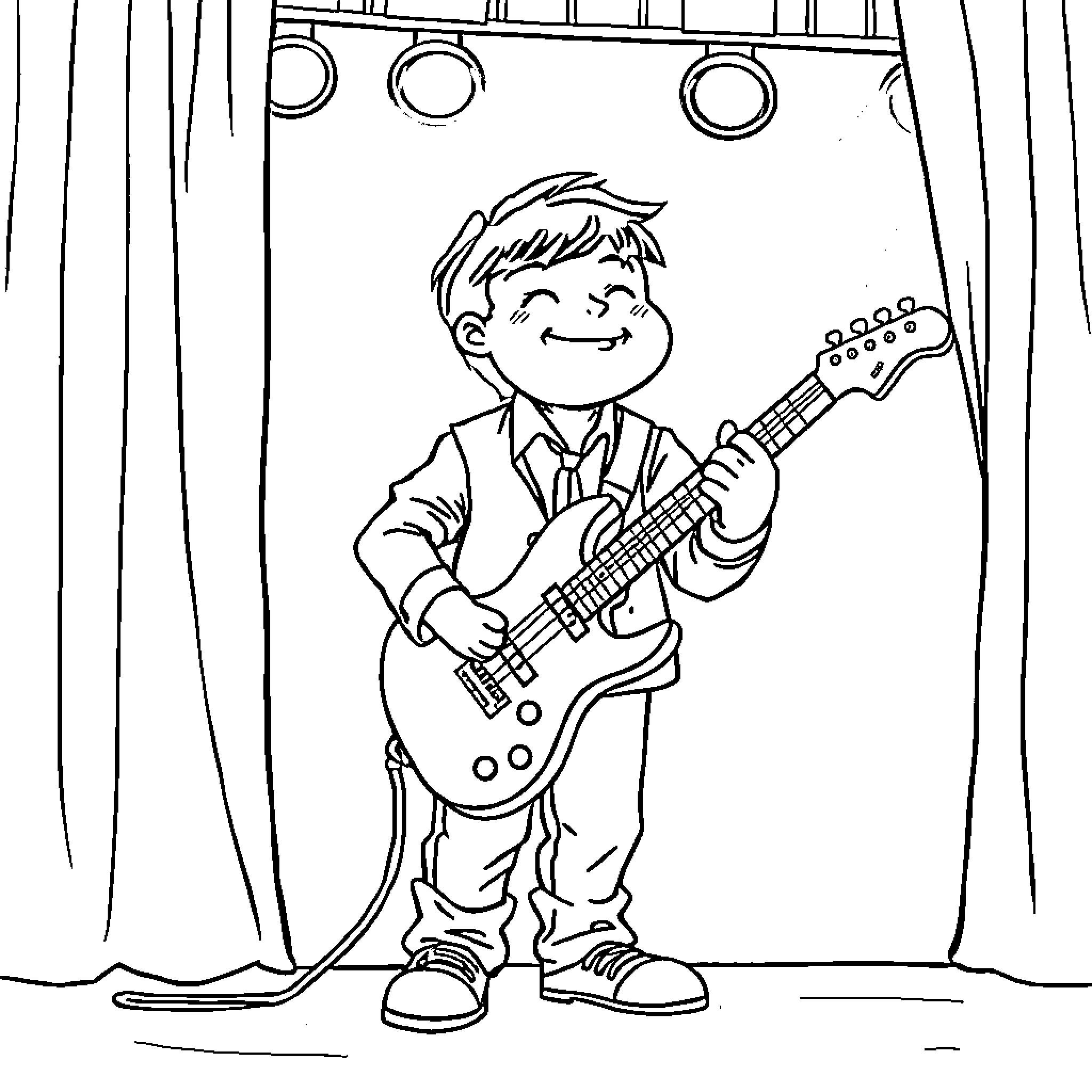 Conan Performs on Stage with Guitar Coloring Page (free black-and-white line drawing printable PDF for all, from beginners to advanced learners, including children, teens, adults, and seniors)