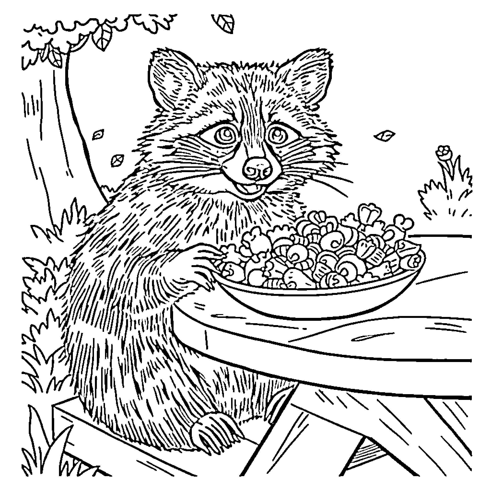 Raccoon enjoying a snack in the forest Coloring Page (free black-and-white line drawing printable PDF for all, from beginners to advanced learners, including children, teens, adults, and seniors)