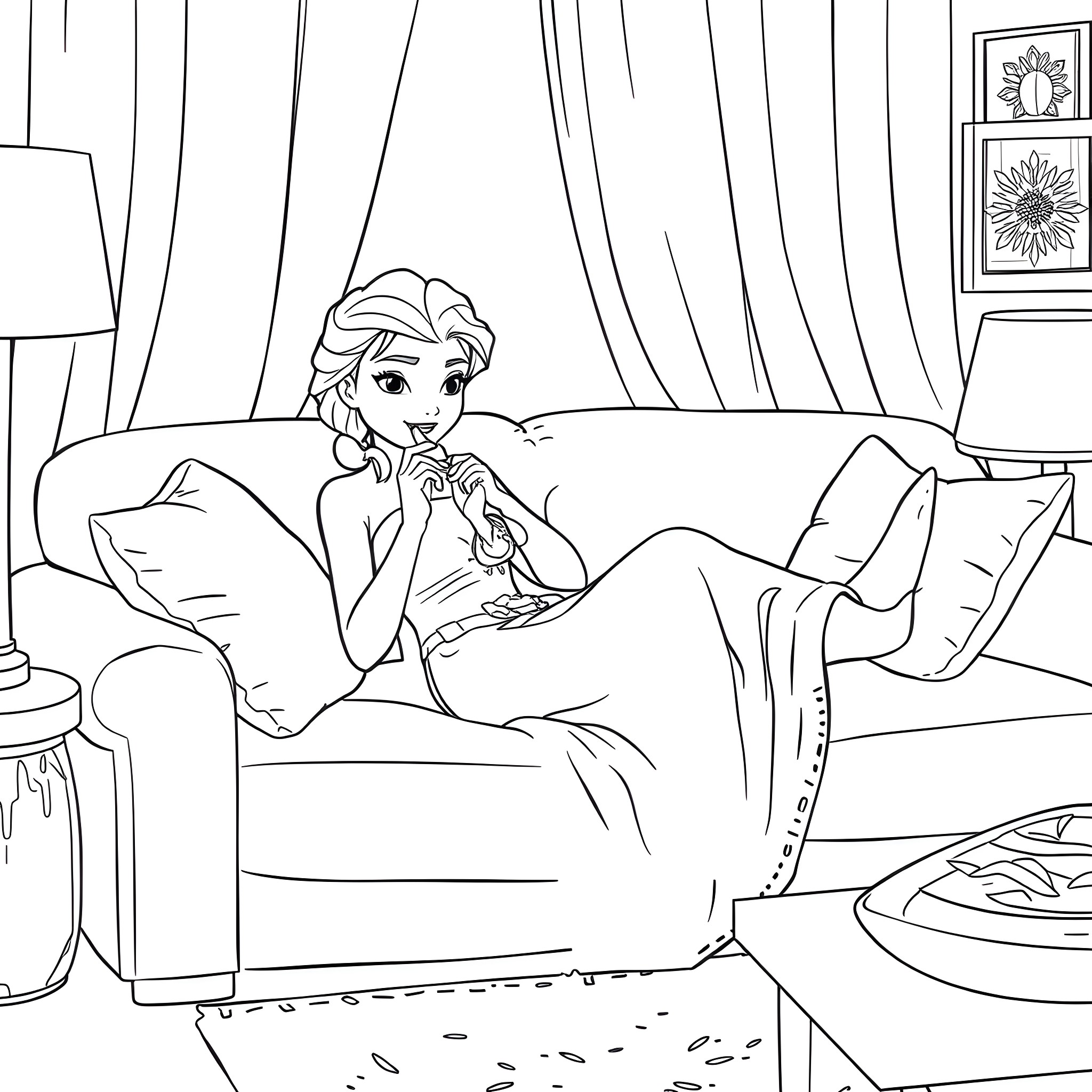 Elsa enjoying a relaxing moment in her cozy bedroom Coloring Page (free black-and-white line drawing printable PDF for all, from beginners to advanced learners, including children, teens, adults, and seniors)