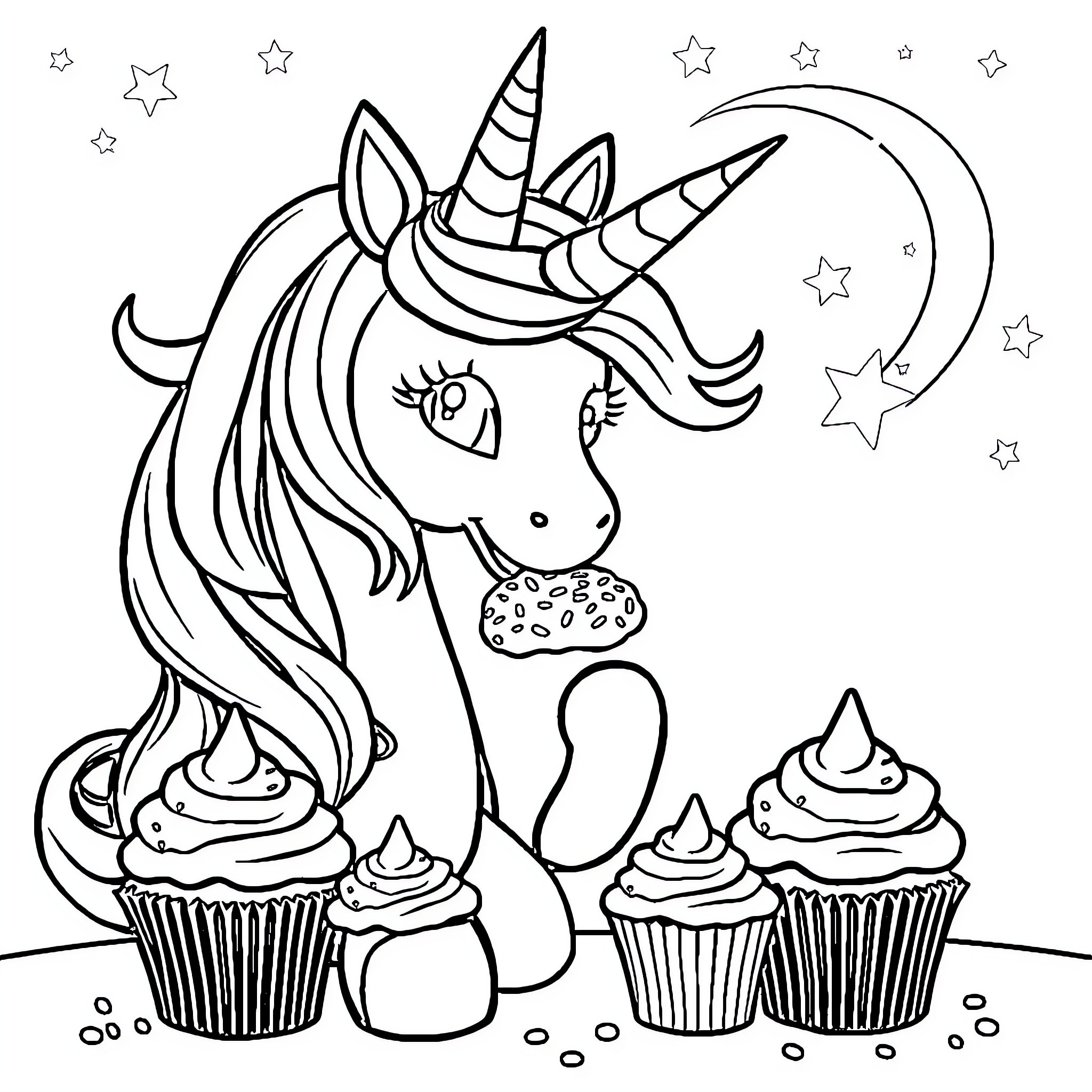 Unicorn enjoying sweet treats under the starry sky Coloring Page (free black-and-white line drawing printable PDF for all, from beginners to advanced learners, including children, teens, adults, and seniors)