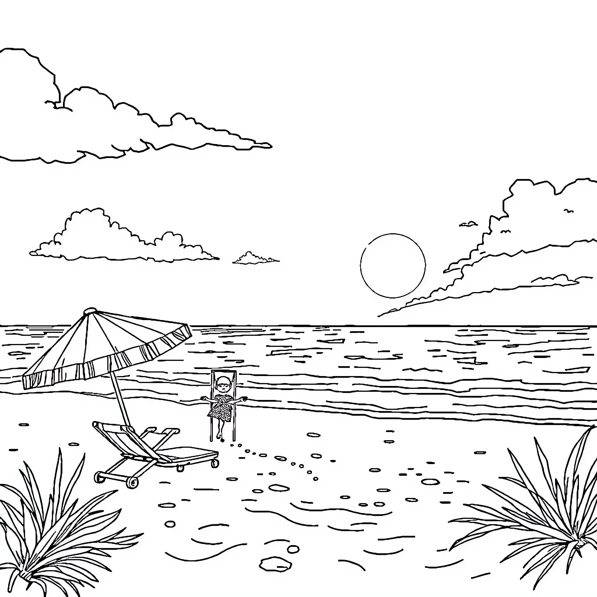 Vacation by the Tranquil Beach Coloring Page (free black-and-white line drawing printable PDF for all, from beginners to advanced learners, including children, teens, adults, and seniors)