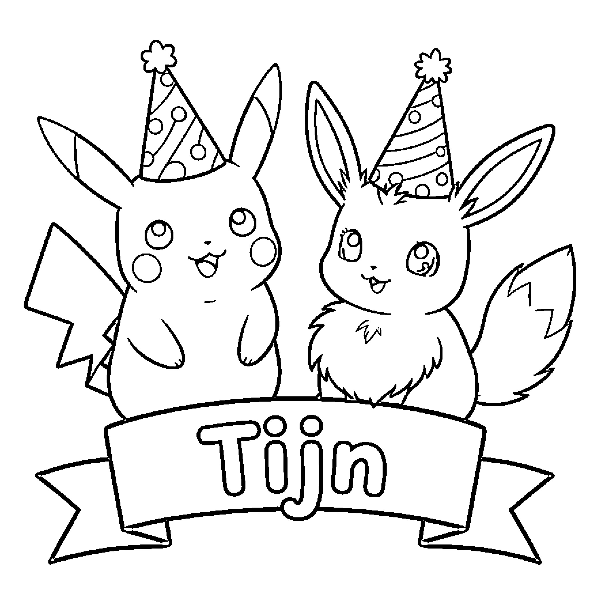 Pikachu and Eevee Celebrating in Party Hats Coloring Page (free black-and-white line drawing printable PDF for all, from beginners to advanced learners, including children, teens, adults, and seniors)