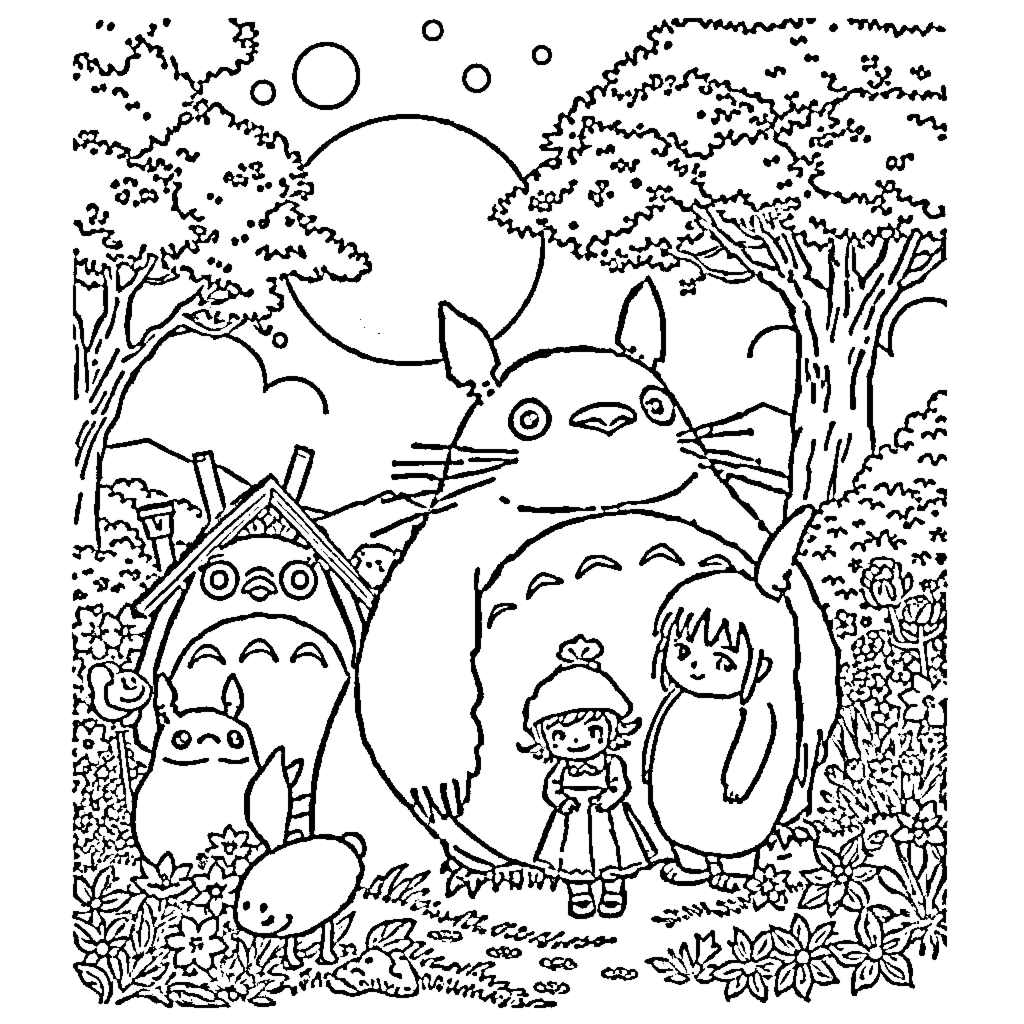 Character enjoying nature with Totoro and friends Coloring Page (free black-and-white line drawing printable PDF for all, from beginners to advanced learners, including children, teens, adults, and seniors)