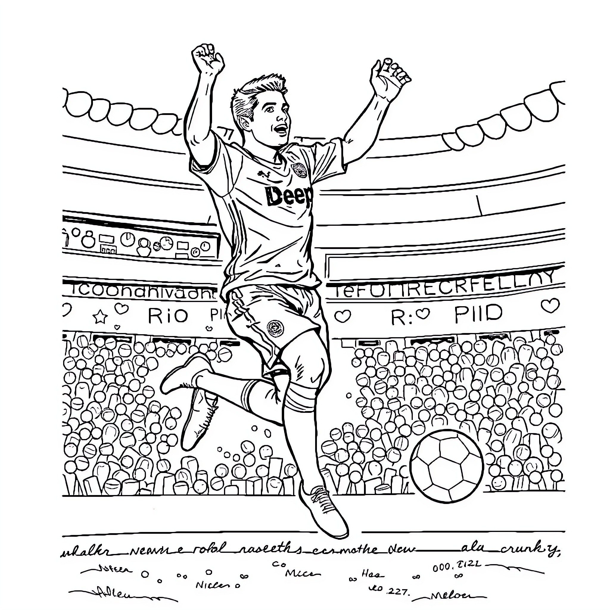 Ronaldo celebrating victory on soccer field Coloring Page (free black-and-white line drawing printable PDF for all, from beginners to advanced learners, including children, teens, adults, and seniors)