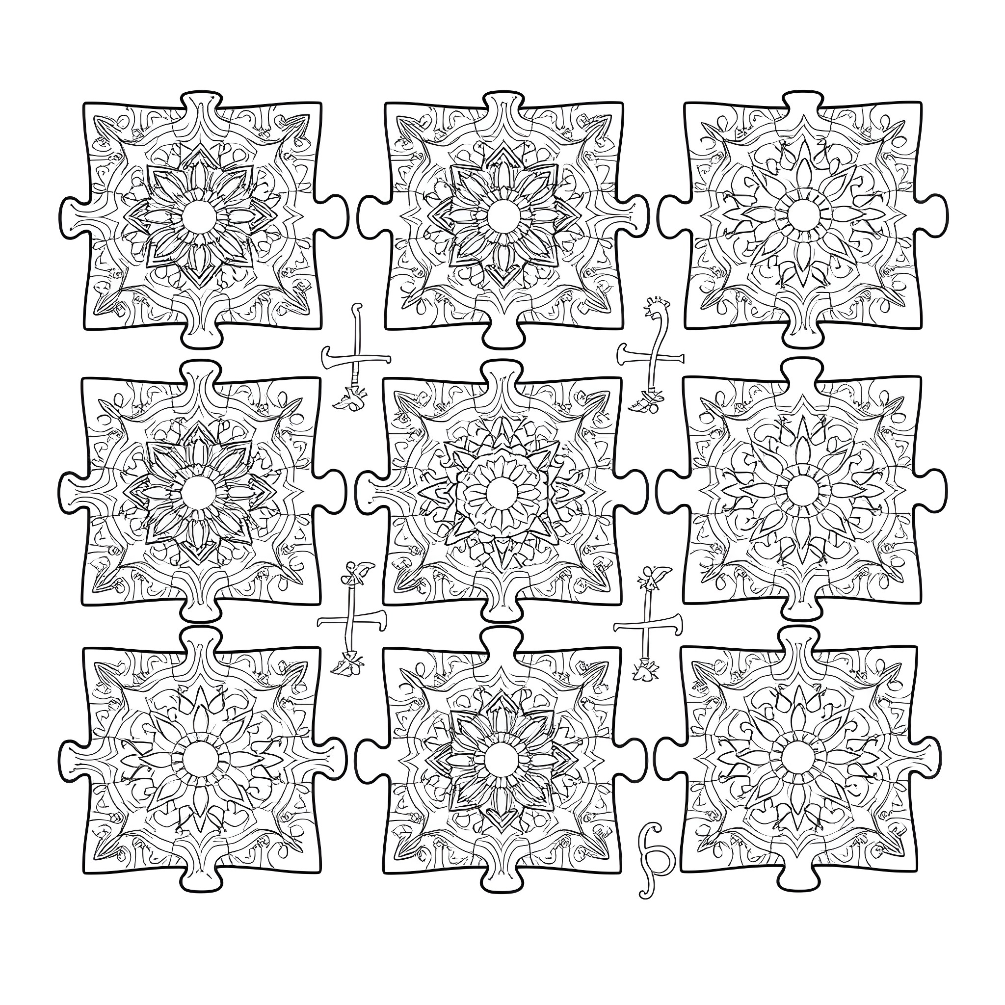 Puzzle of intricate floral designs Coloring Page (free black-and-white line drawing printable PDF for all, from beginners to advanced learners, including children, teens, adults, and seniors)