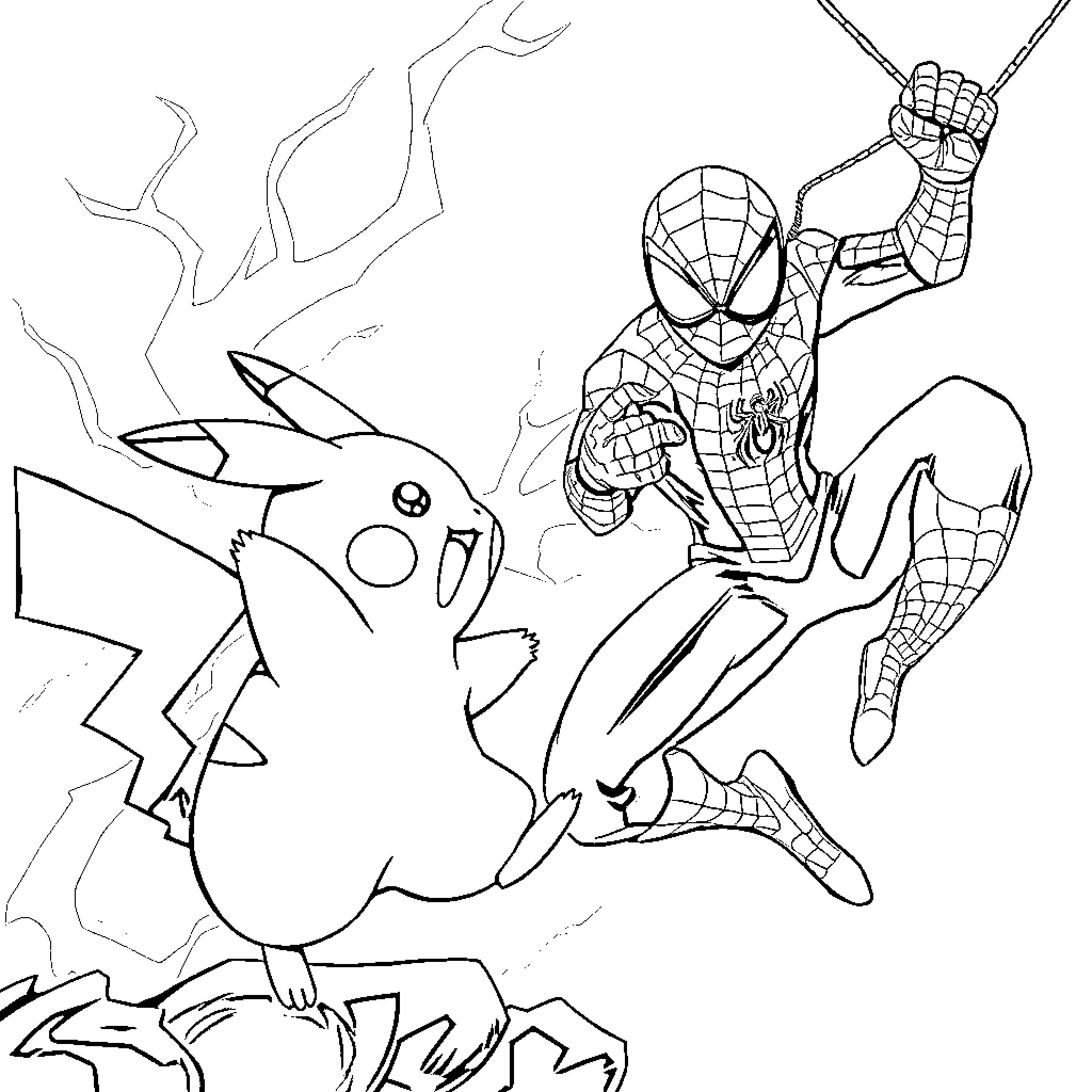 Pikachu and Spider-Man in epic battle Coloring Page (free black-and-white line drawing printable PDF for all, from beginners to advanced learners, including children, teens, adults, and seniors)