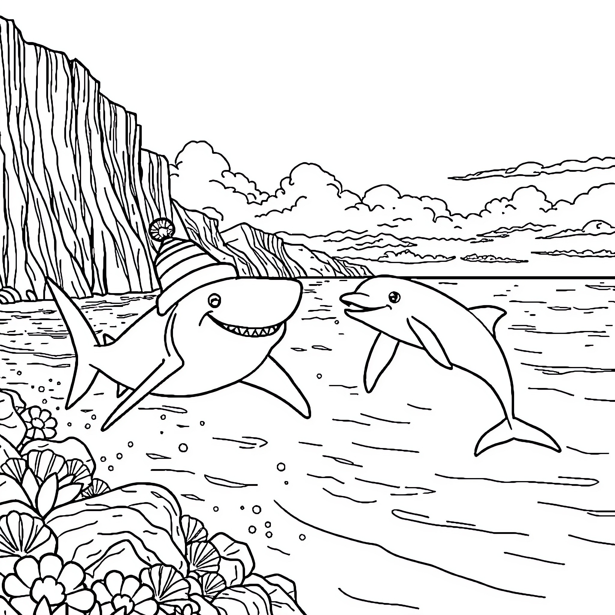 Sharks swimming playfully near a rocky coastline Coloring Page (free black-and-white line drawing printable PDF for all, from beginners to advanced learners, including children, teens, adults, and seniors)
