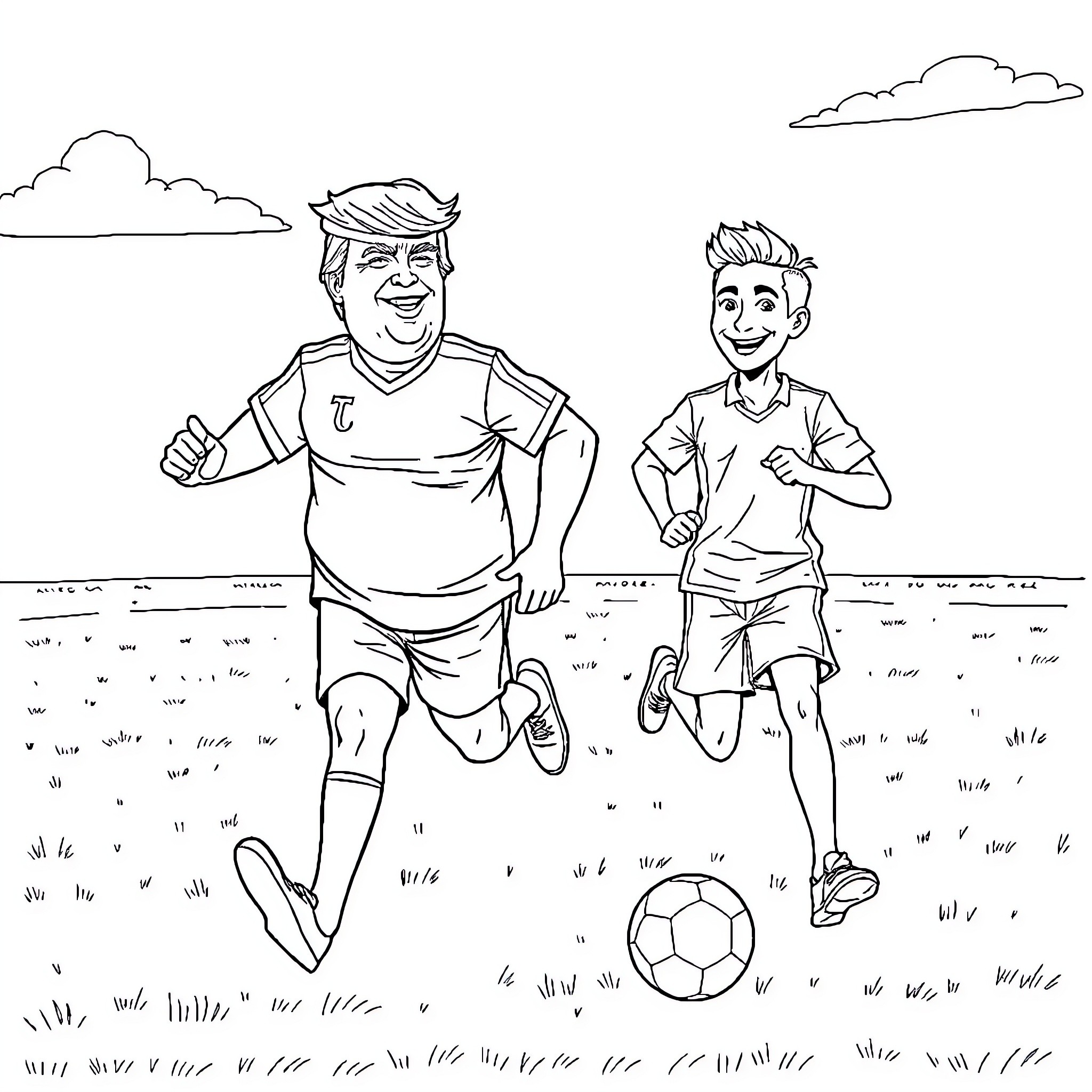 Trump and young man playing soccer enthusiastically Coloring Page (free black-and-white line drawing printable PDF for all, from beginners to advanced learners, including children, teens, adults, and seniors)