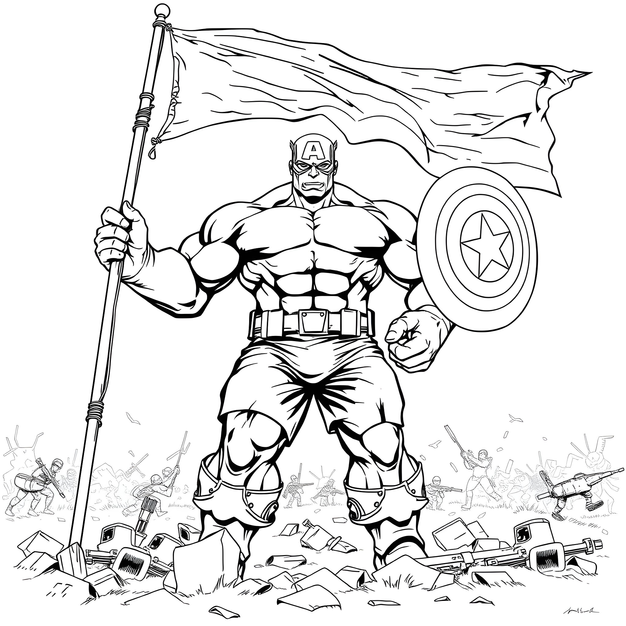 Hulk Leading the Charge with American Flag Coloring Page (free black-and-white line drawing printable PDF for all, from beginners to advanced learners, including children, teens, adults, and seniors)