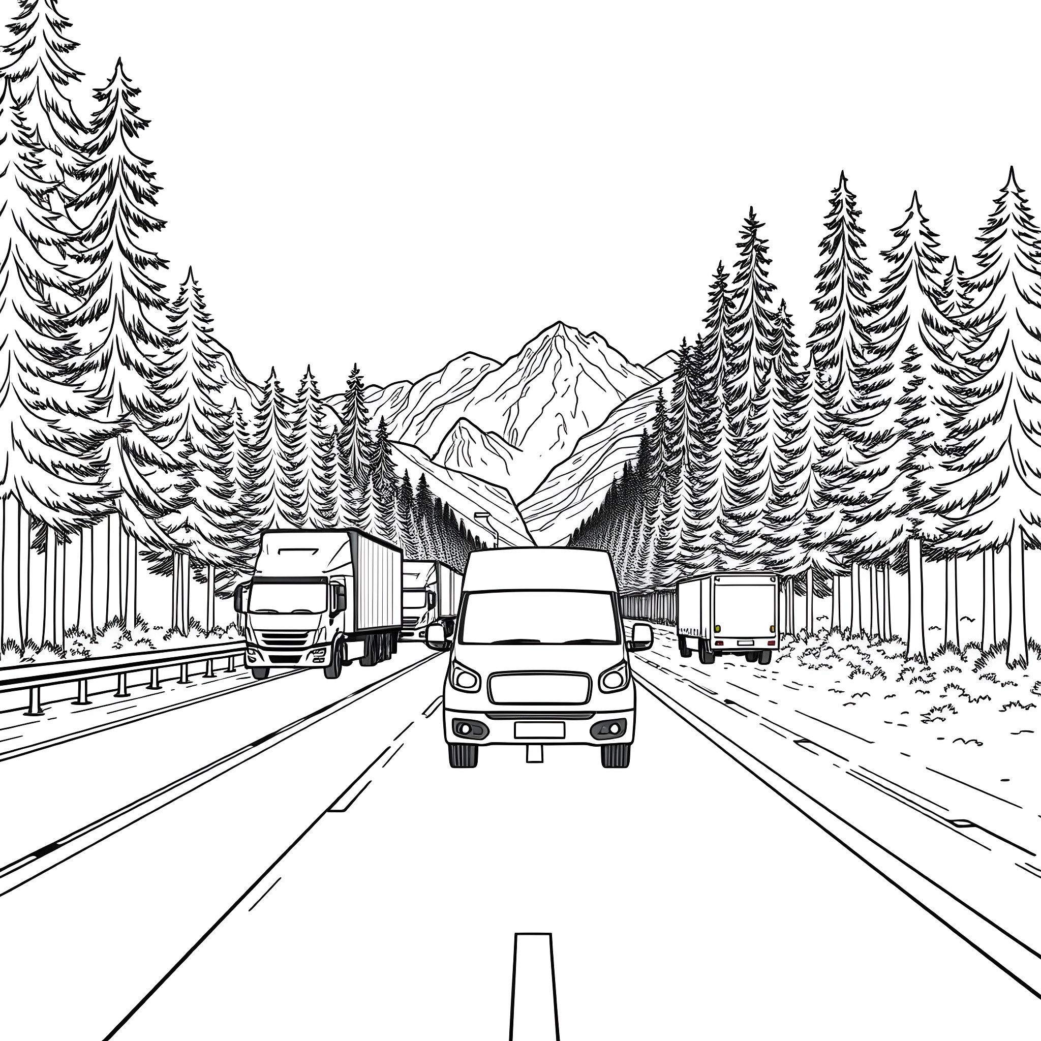 Car Trailer Transporting Vehicles Through Scenic Mountain Landscape Coloring Page (free black-and-white line drawing printable PDF for all, from beginners to advanced learners, including children, teens, adults, and seniors)