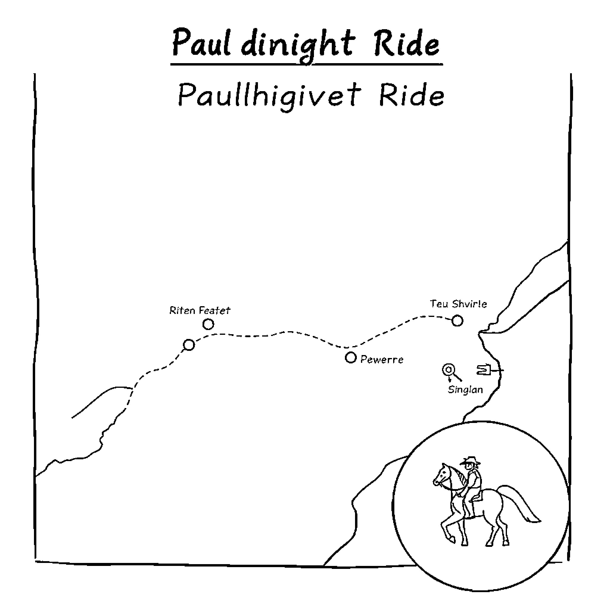 Map of Paul's Midnight Ride and Paullhigivet Ride Coloring Page (free black-and-white line drawing printable PDF for all, from beginners to advanced learners, including children, teens, adults, and seniors)