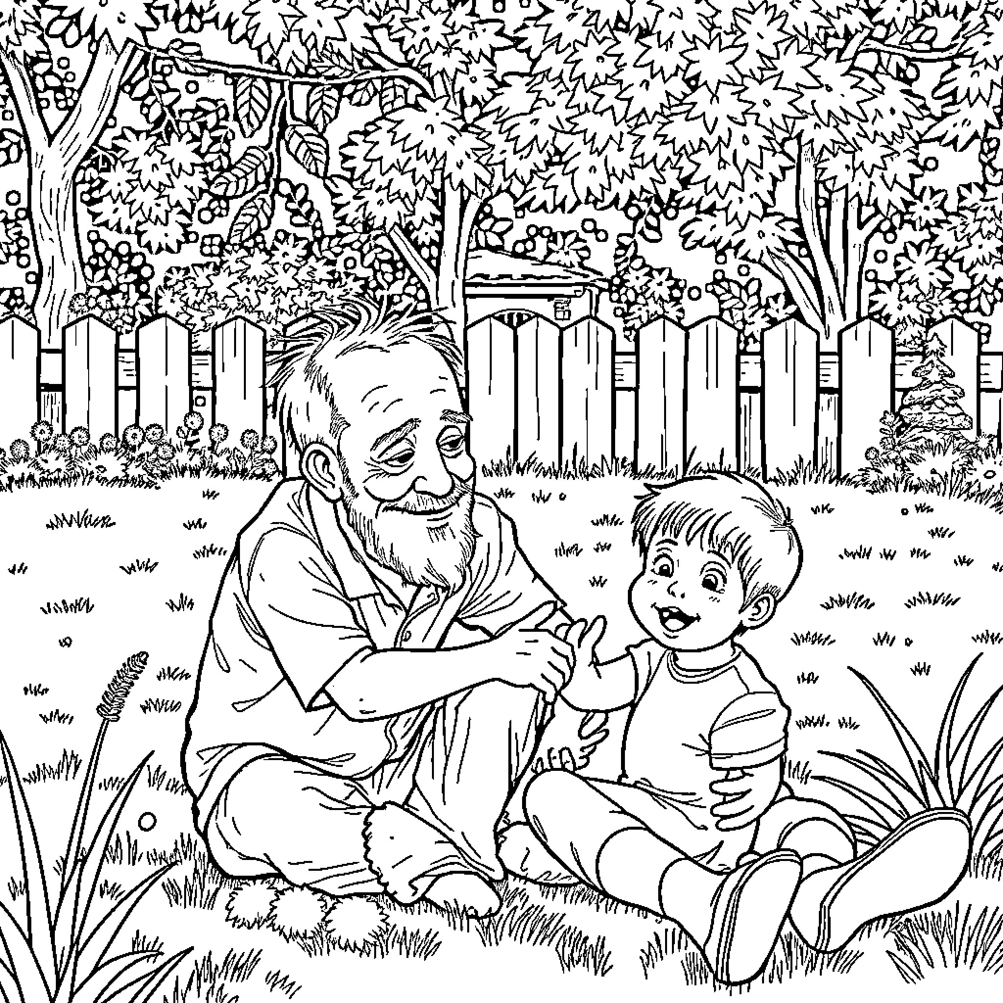Grandfather and grandson enjoying nature together Coloring Page (free black-and-white line drawing printable PDF for all, from beginners to advanced learners, including children, teens, adults, and seniors)