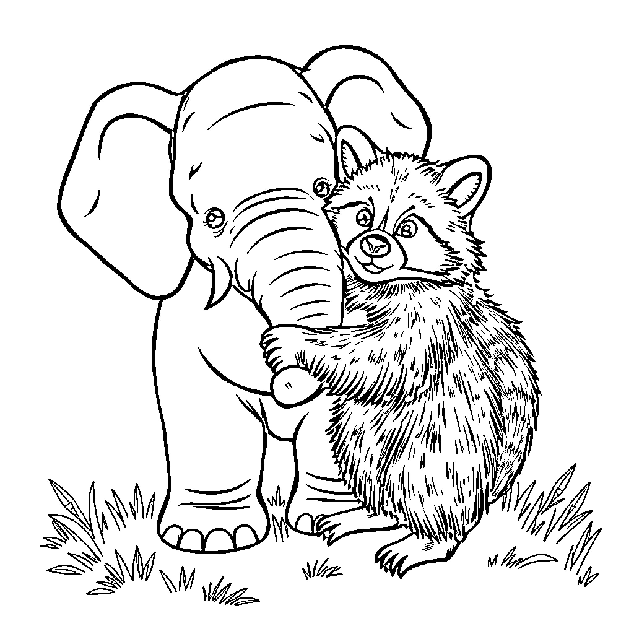 Elephant and Curious Raccoon in Grassy Field Coloring Page (free black-and-white line drawing printable PDF for all, from beginners to advanced learners, including children, teens, adults, and seniors)