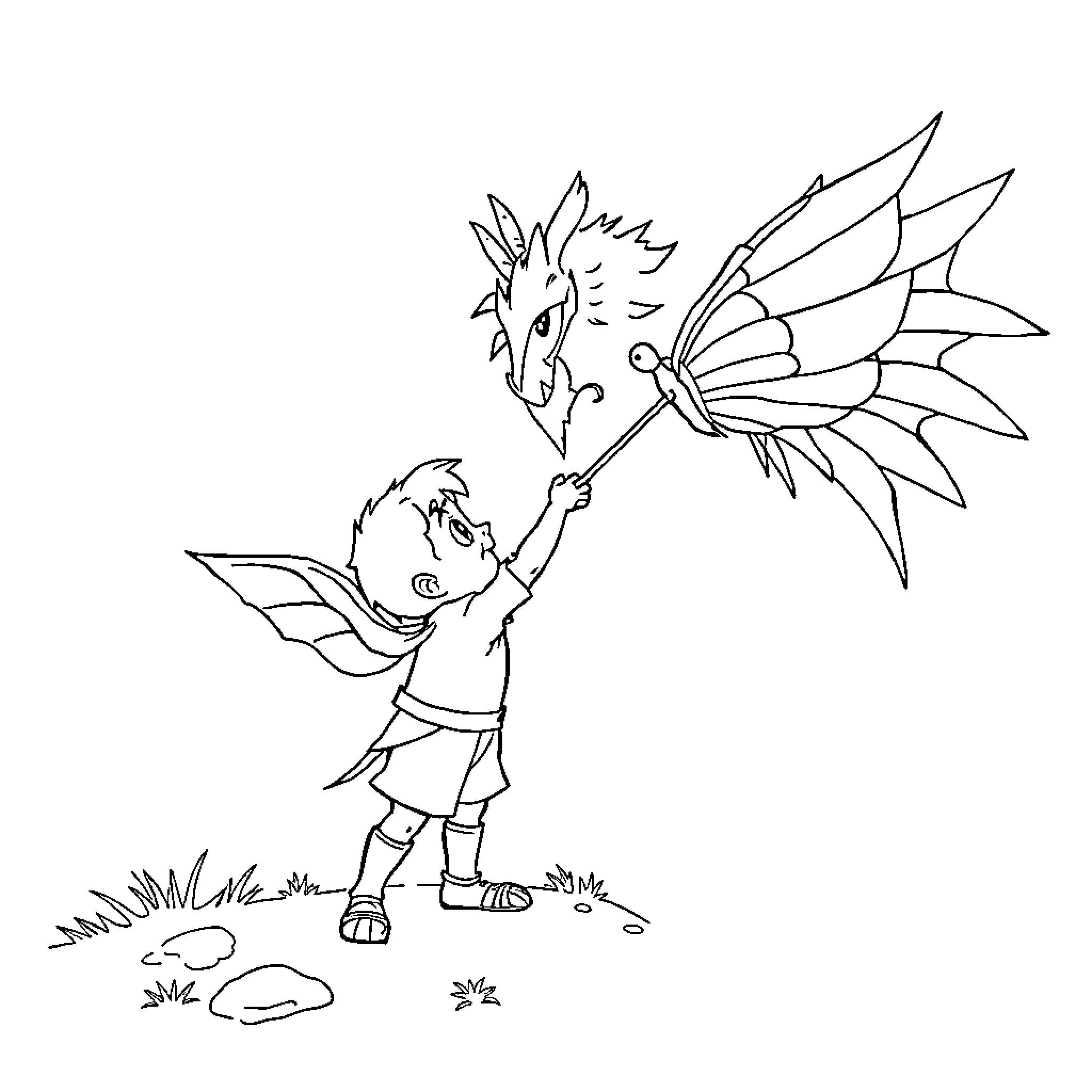 Poussins befriending a mythical creature Coloring Page (free black-and-white line drawing printable PDF for all, from beginners to advanced learners, including children, teens, adults, and seniors)