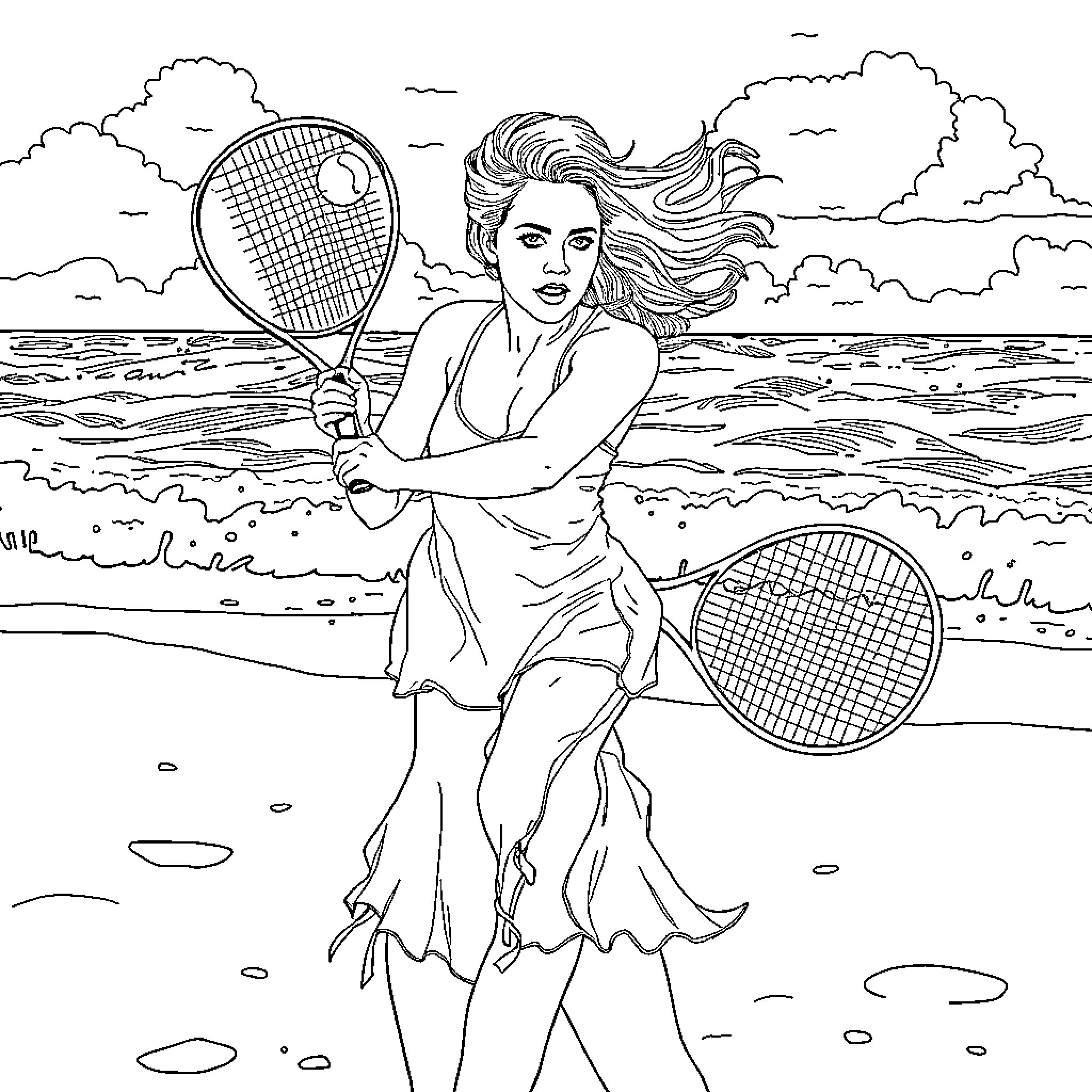 Jennifer Lawrence playing tennis on the beach Coloring Page (free black-and-white line drawing printable PDF for all, from beginners to advanced learners, including children, teens, adults, and seniors)