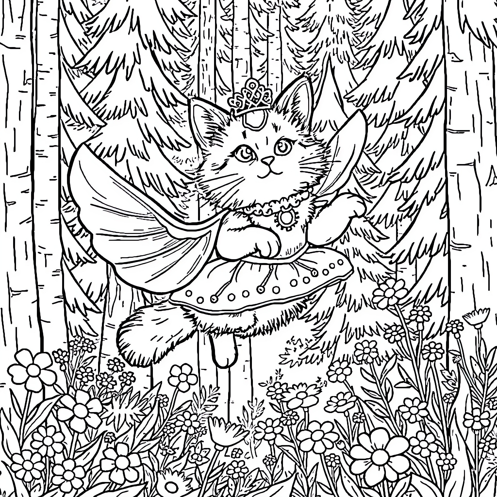 Cat Fairy in a Whimsical Forest Coloring Page (free black-and-white line drawing printable PDF for all, from beginners to advanced learners, including children, teens, adults, and seniors)
