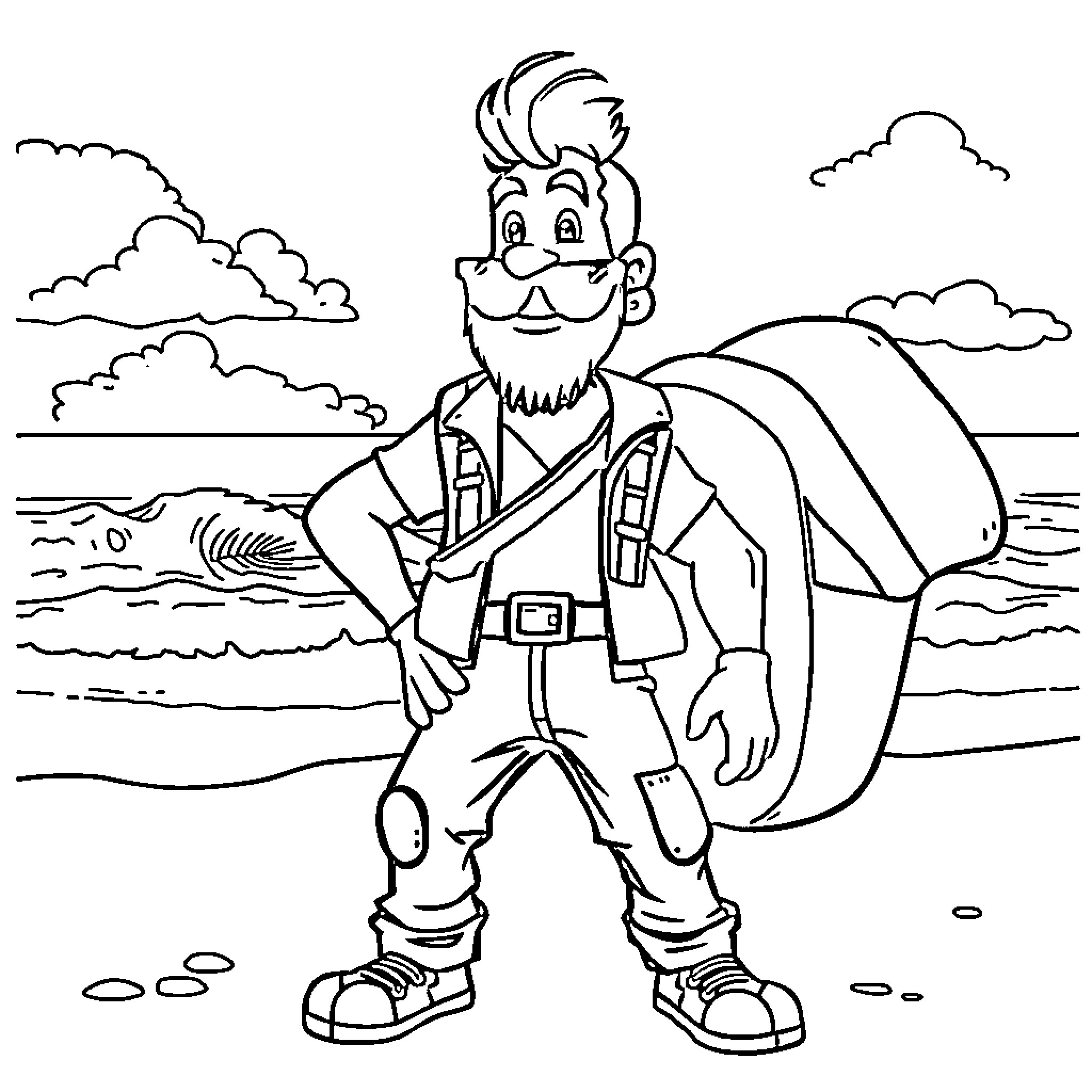 JJ Maybank's Adventurous Hike in the Wilderness Coloring Page (free black-and-white line drawing printable PDF for all, from beginners to advanced learners, including children, teens, adults, and seniors)