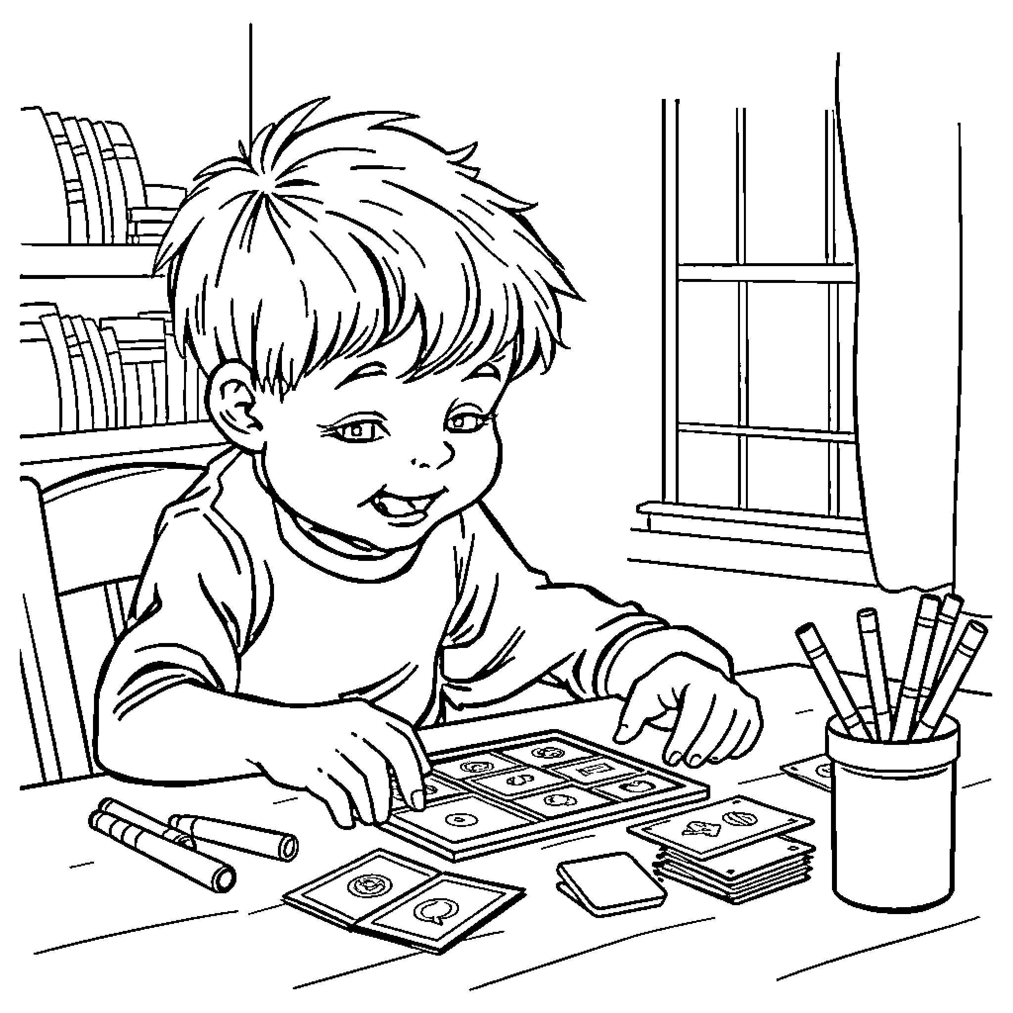 Kid playing with toys and drawing at desk Coloring Page (free black-and-white line drawing printable PDF for all, from beginners to advanced learners, including children, teens, adults, and seniors)