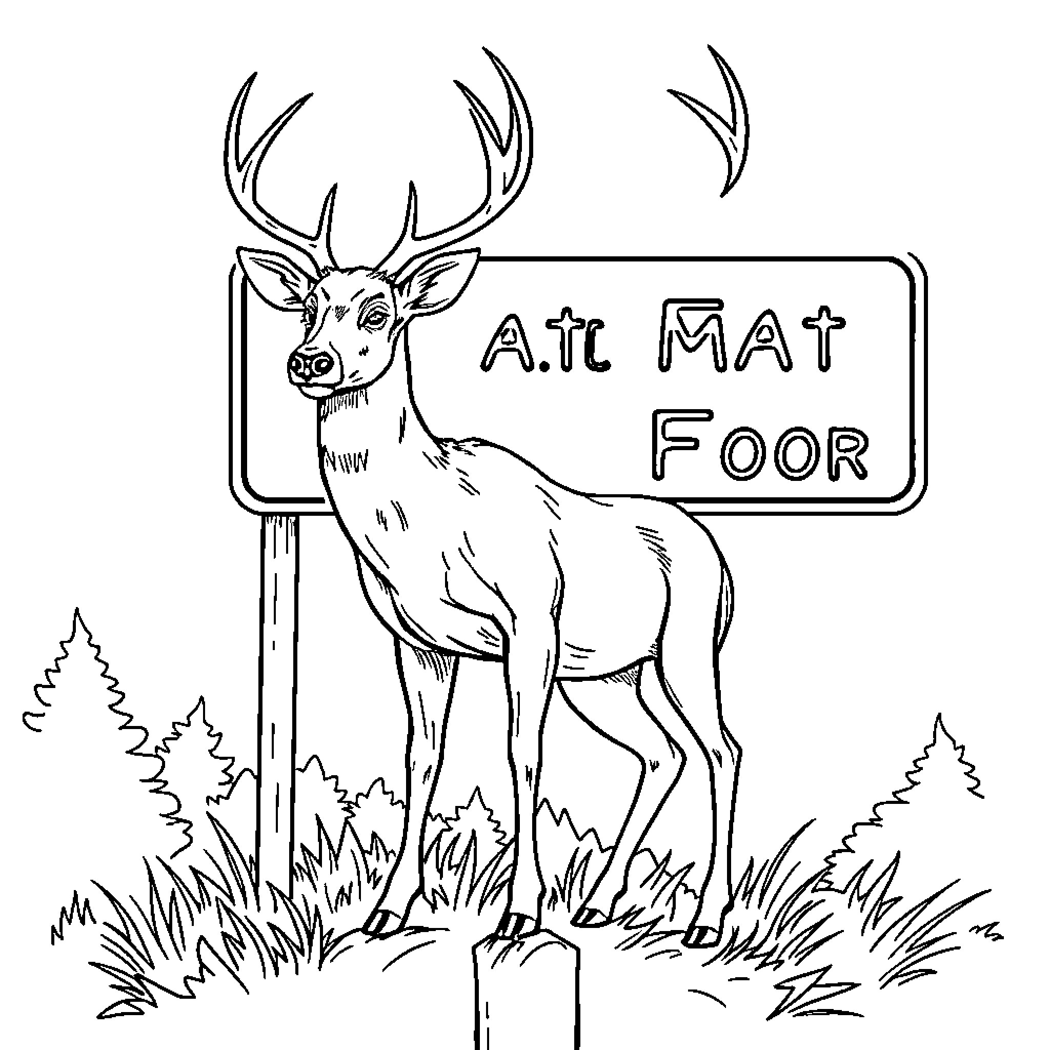 Deer standing near 'Air mat foor' sign in the wild Coloring Page (free black-and-white line drawing printable PDF for all, from beginners to advanced learners, including children, teens, adults, and seniors)