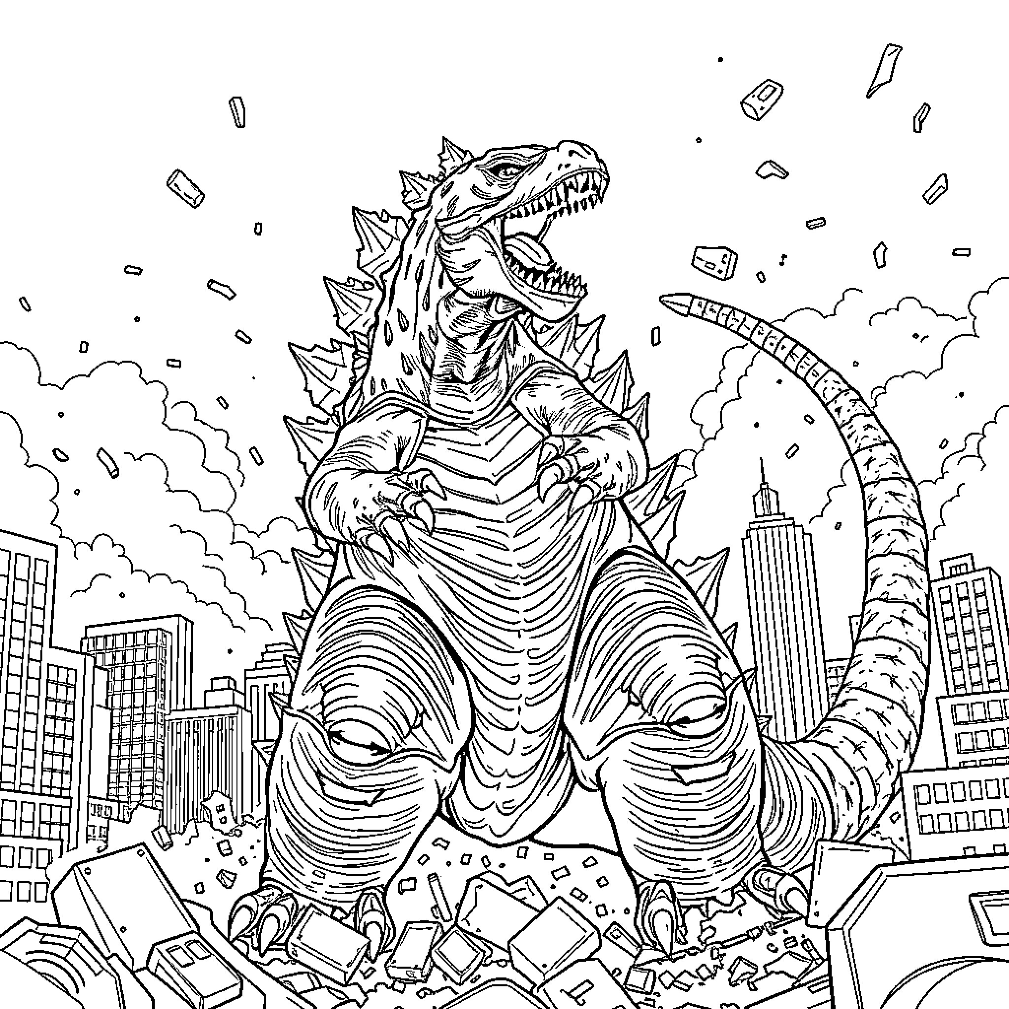 Godzilla Rampaging Through the City Skyline Coloring Page (free black-and-white line drawing printable PDF for all, from beginners to advanced learners, including children, teens, adults, and seniors)