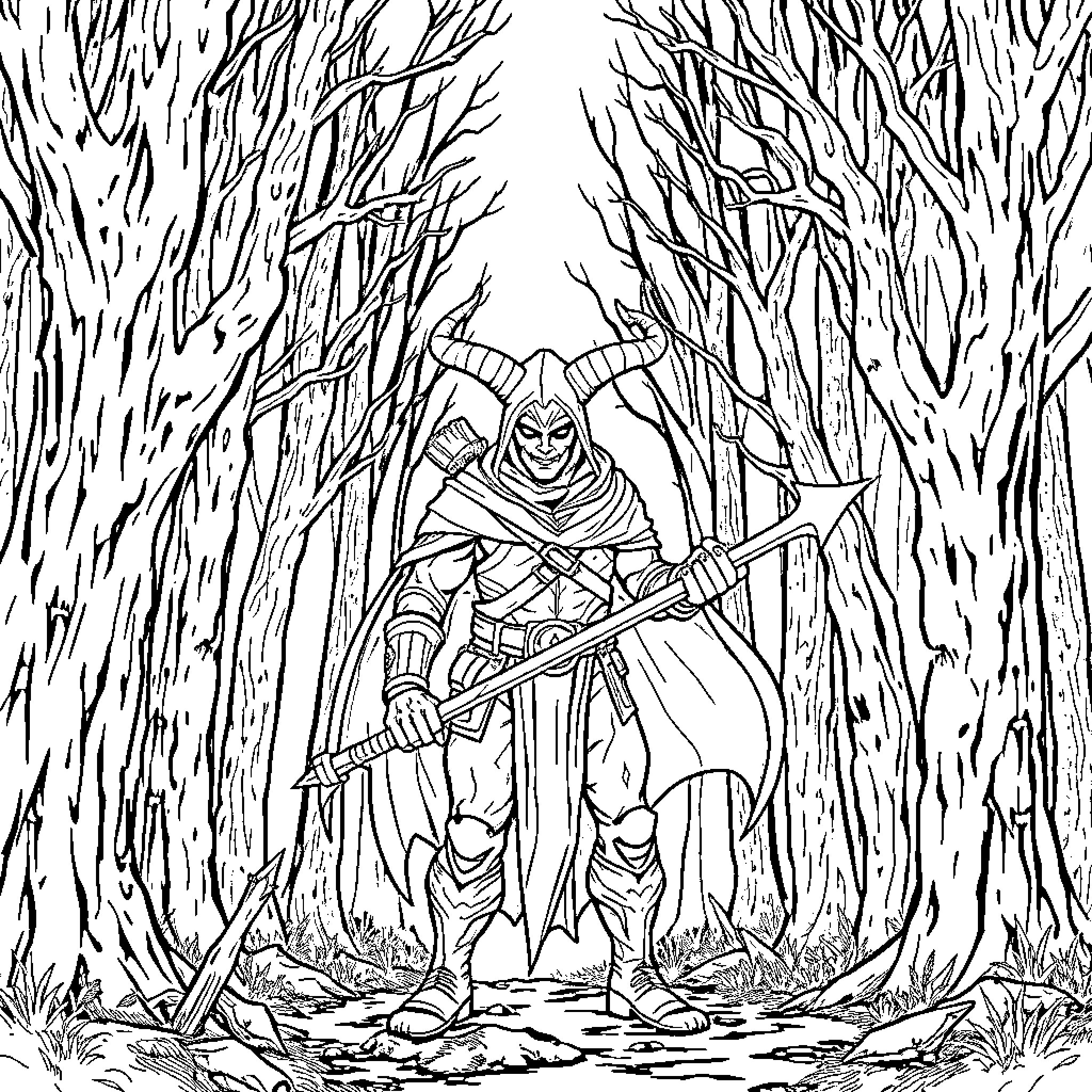 Demon Hunter Navigating the Treacherous Forest Coloring Page (free black-and-white line drawing printable PDF for all, from beginners to advanced learners, including children, teens, adults, and seniors)