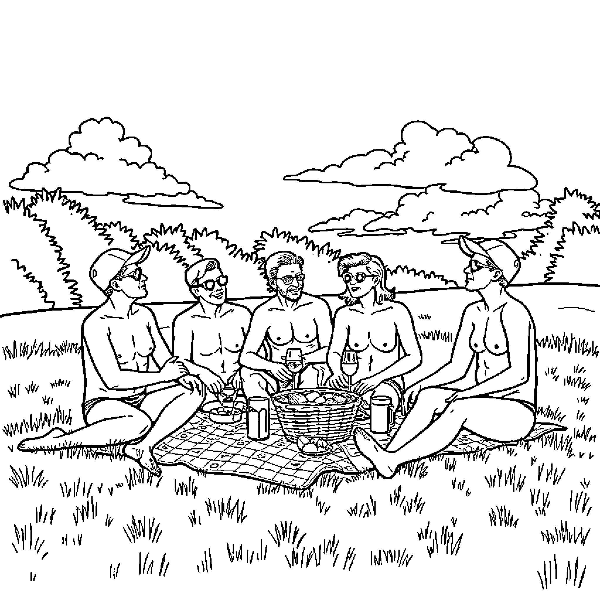 Picnic in the Peaceful Outdoors Coloring Page (free black-and-white line drawing printable PDF for all, from beginners to advanced learners, including children, teens, adults, and seniors)