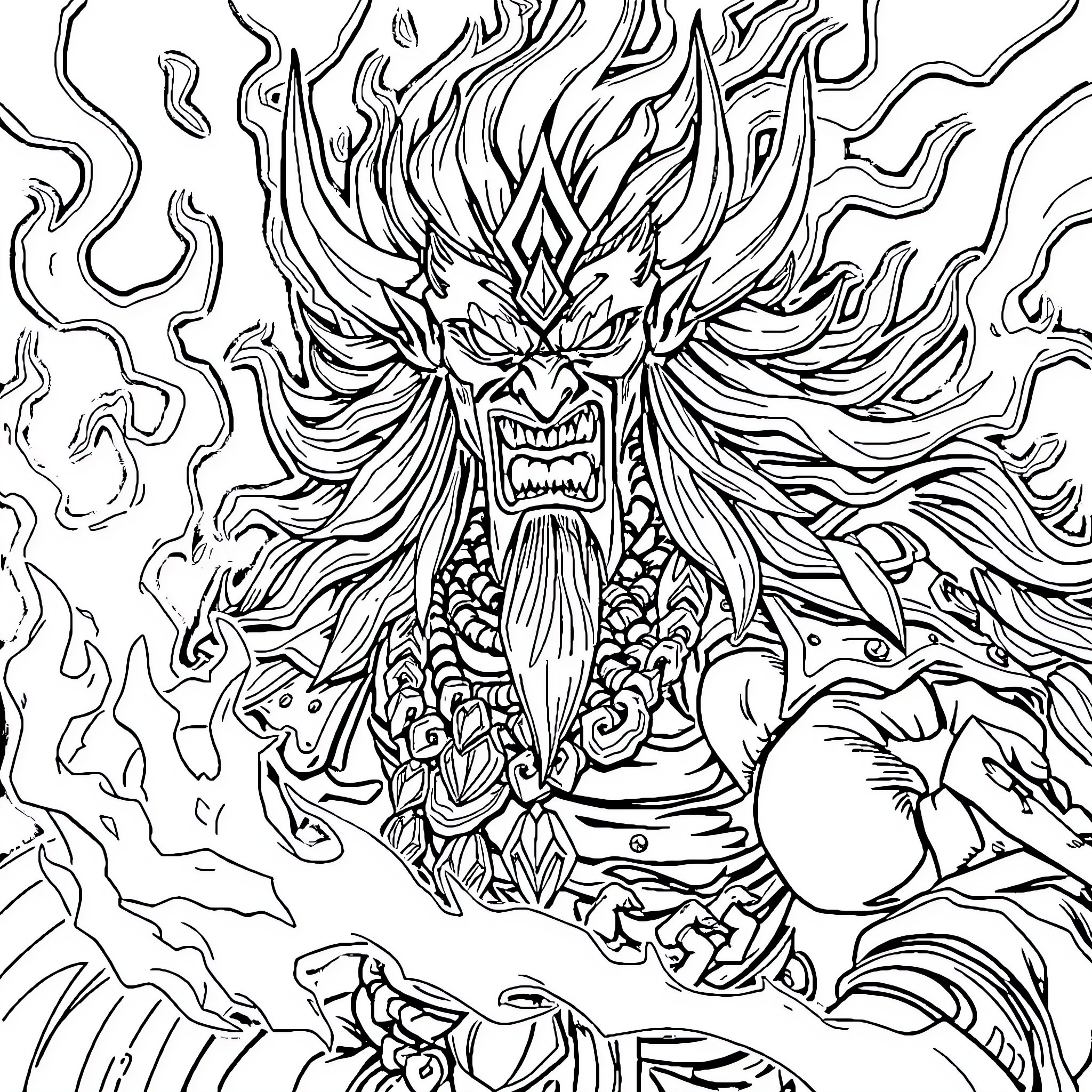 Zamasanta's Fiery Transformation Coloring Page (free black-and-white line drawing printable PDF for all, from beginners to advanced learners, including children, teens, adults, and seniors)