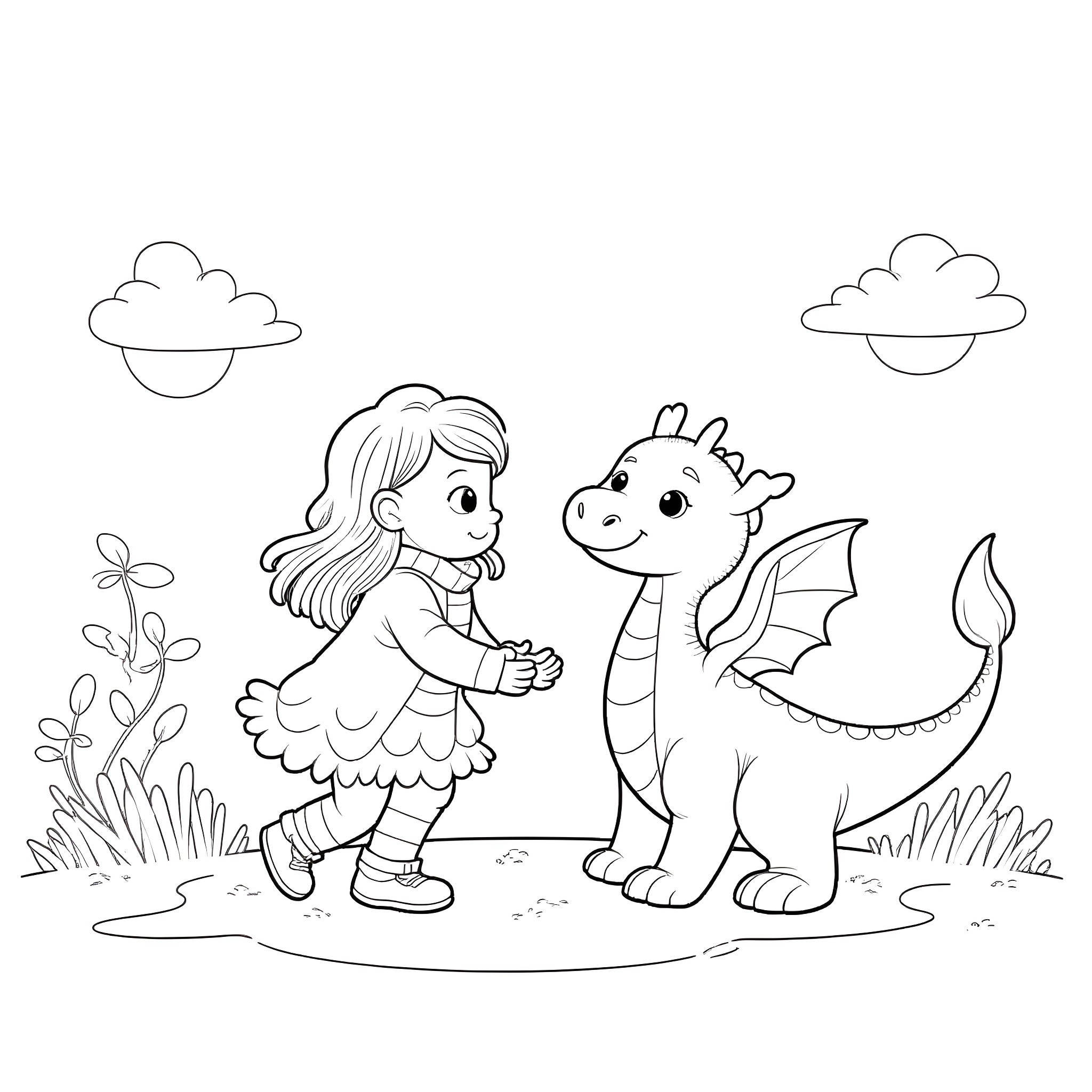 Girl playing with a friendly dragon Coloring Page (free black-and-white line drawing printable PDF for all, from beginners to advanced learners, including children, teens, adults, and seniors)