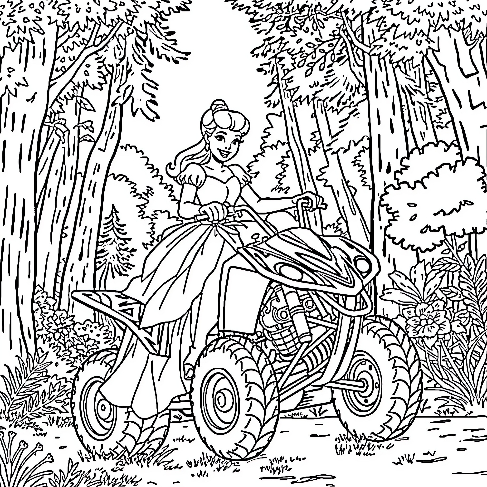 Cinderella riding an ATV in the enchanted forest Coloring Page (free black-and-white line drawing printable PDF for all, from beginners to advanced learners, including children, teens, adults, and seniors)