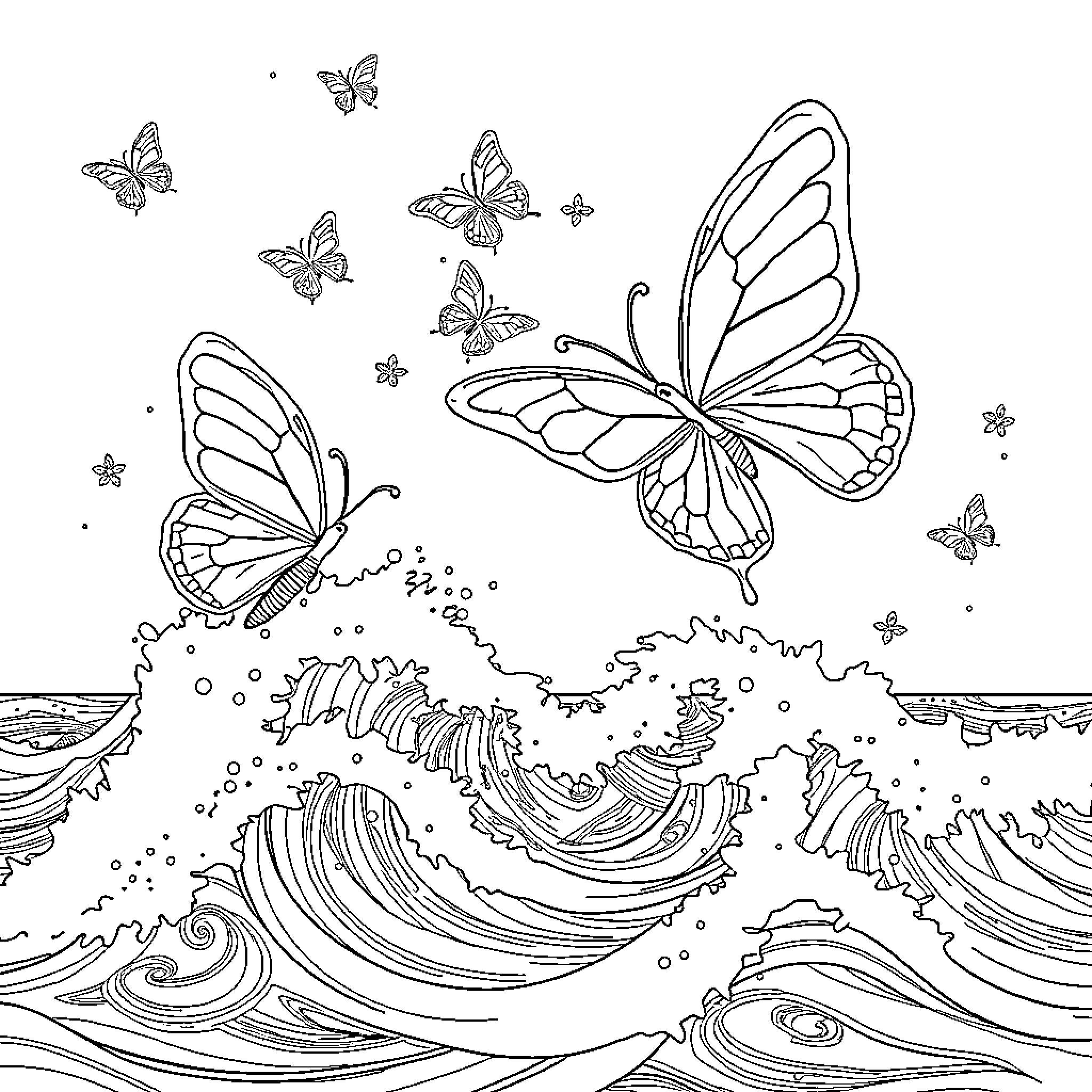 Butterfly Swarm Amid Ocean Waves Coloring Page (free black-and-white line drawing printable PDF for all, from beginners to advanced learners, including children, teens, adults, and seniors)