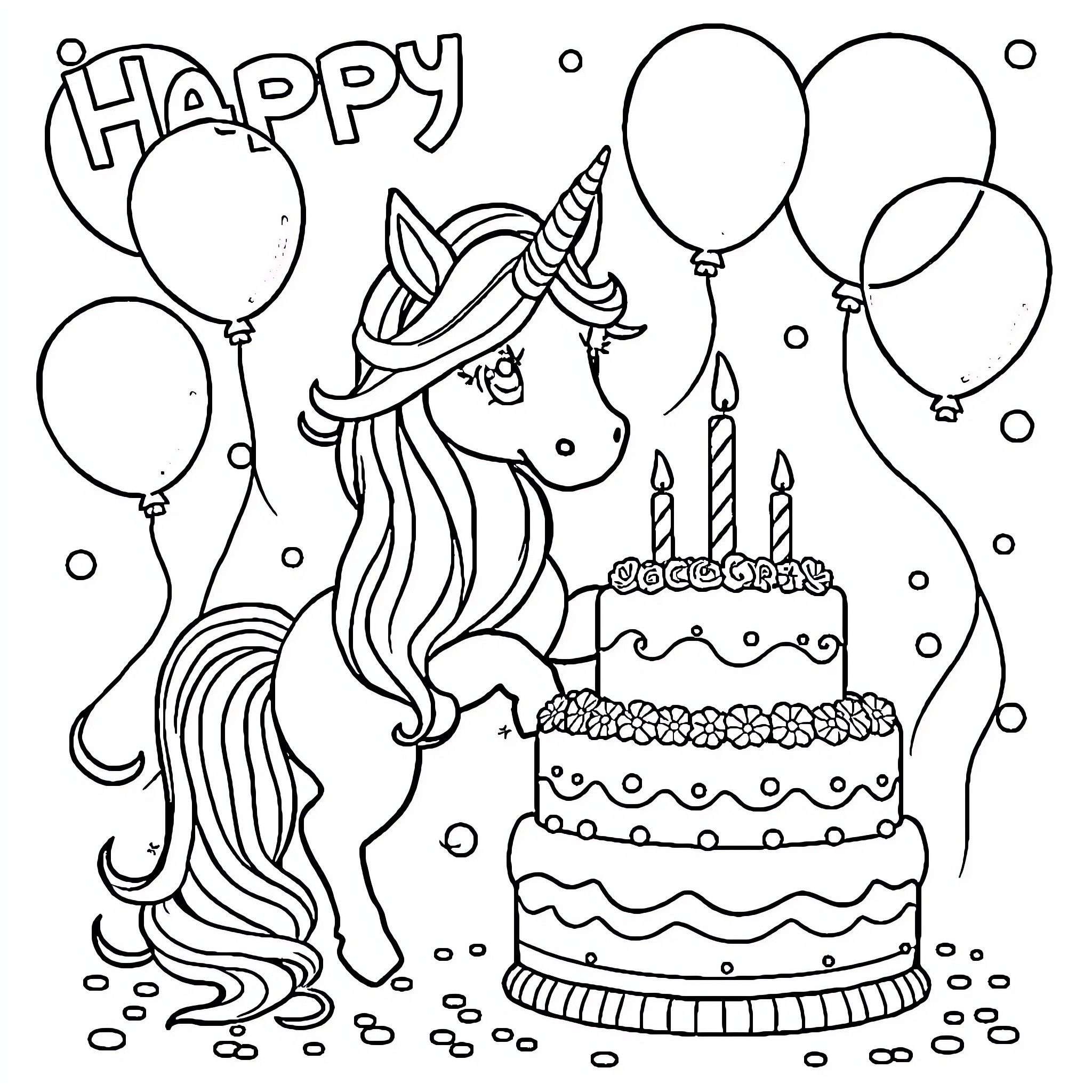 Unicorn celebrating birthday with cake and balloons Coloring Page (free black-and-white line drawing printable PDF for all, from beginners to advanced learners, including children, teens, adults, and seniors)