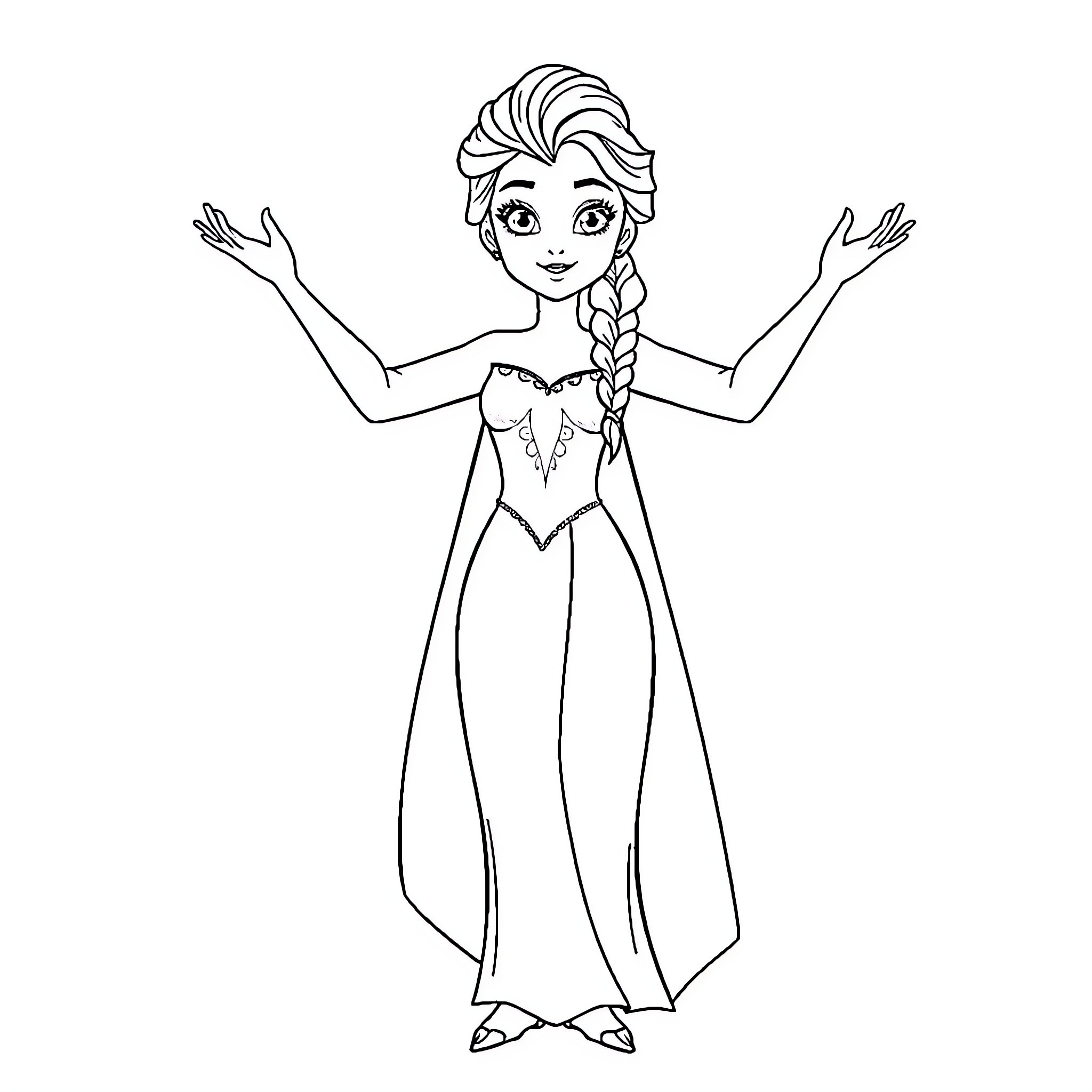Elsa posing gracefully in her ice dress Coloring Page (free black-and-white line drawing printable PDF for all, from beginners to advanced learners, including children, teens, adults, and seniors)