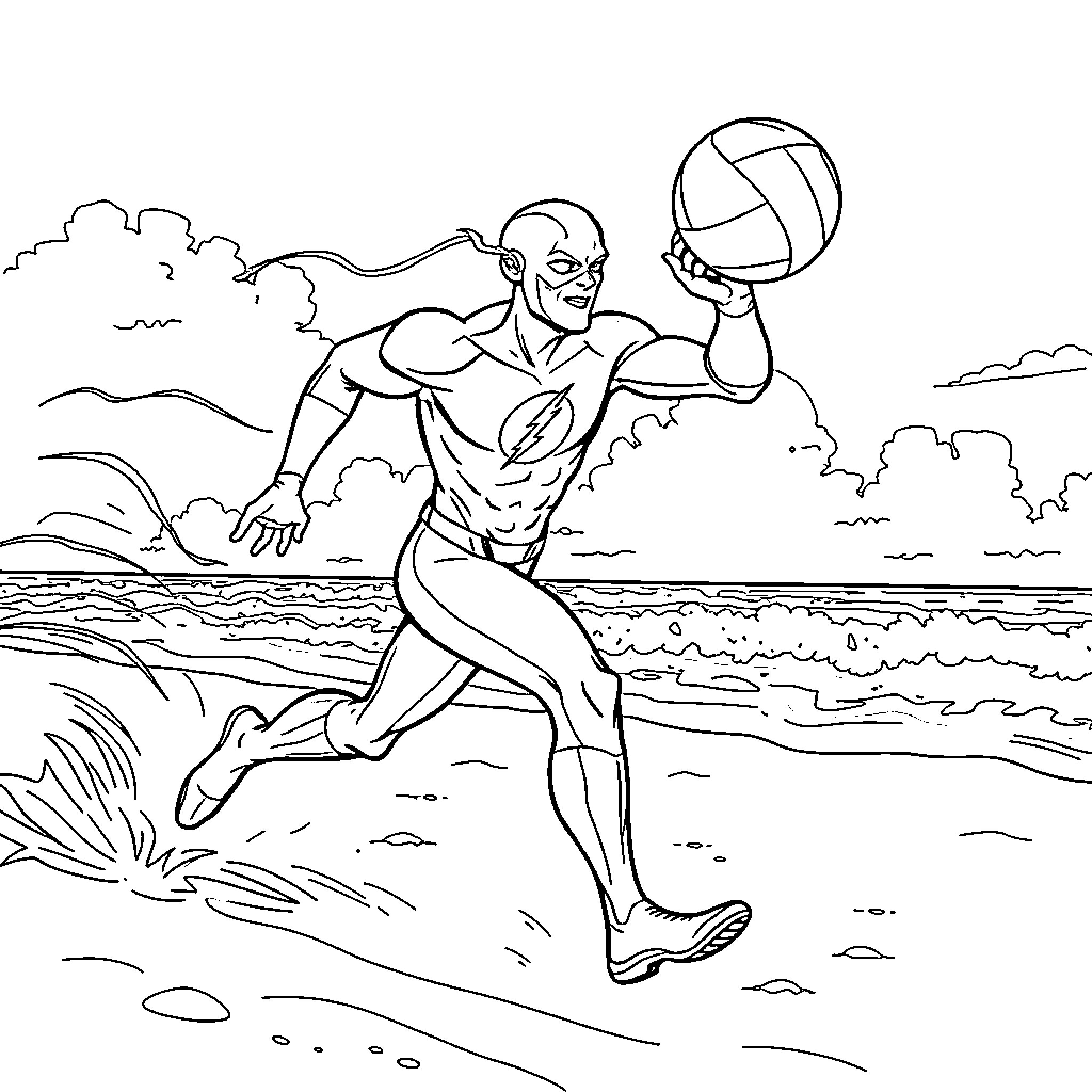 Flash Leaping to Spike the Volleyball Coloring Page (free black-and-white line drawing printable PDF for all, from beginners to advanced learners, including children, teens, adults, and seniors)
