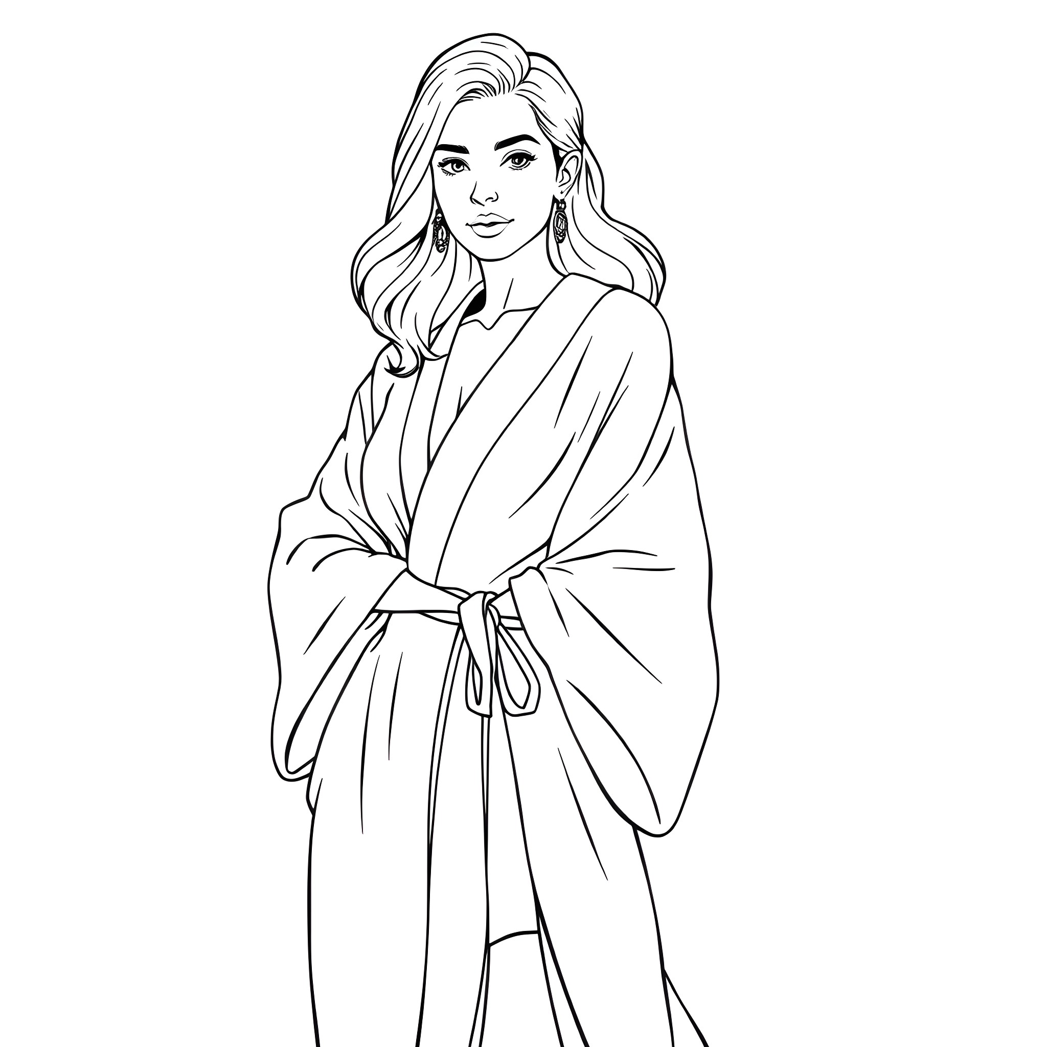 Woman in flowing robe with confident expression Coloring Page (free black-and-white line drawing printable PDF for all, from beginners to advanced learners, including children, teens, adults, and seniors)